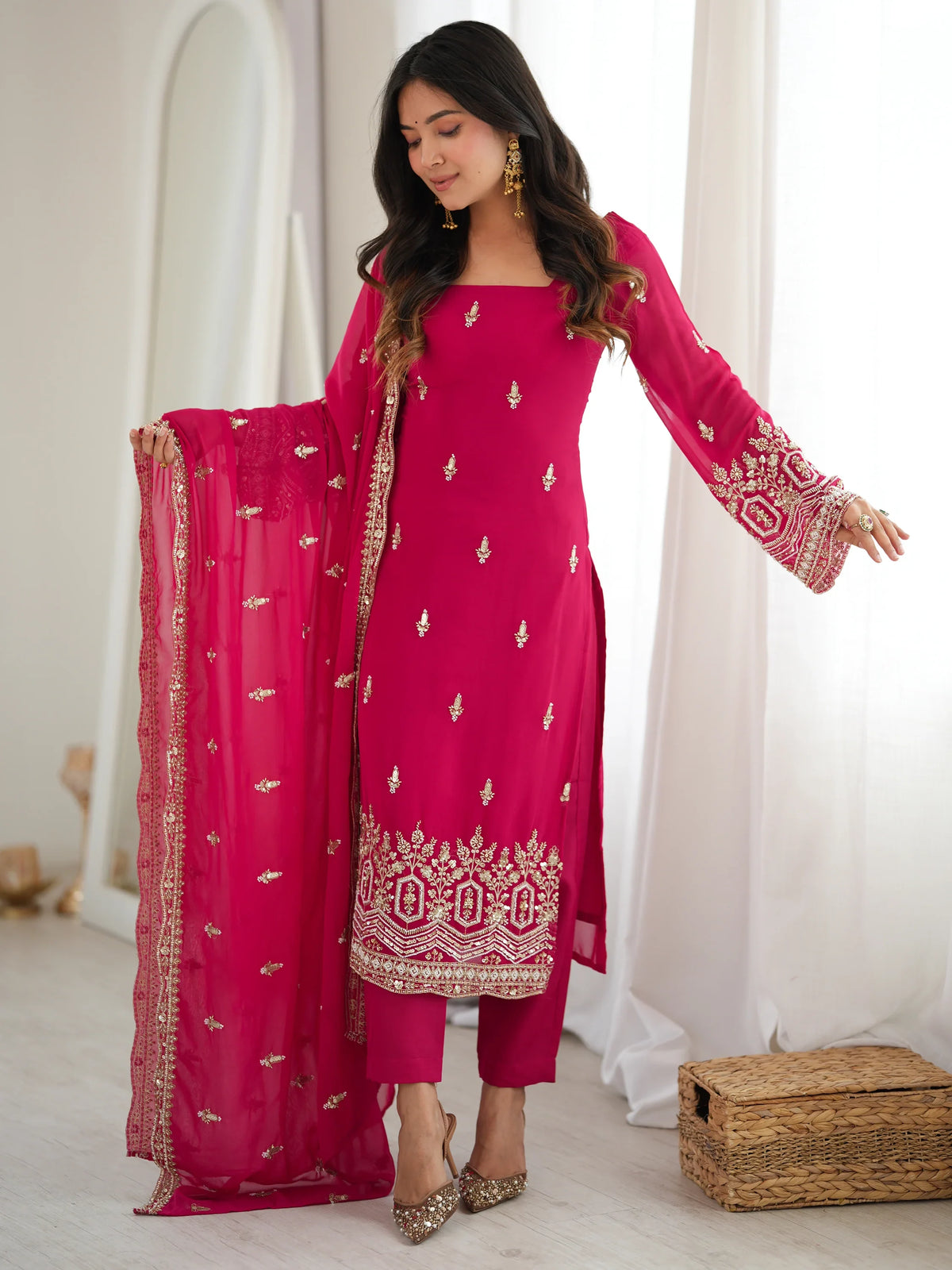 Pretty Rani Pink Bead Work Georgette Function Wear Pant Suit