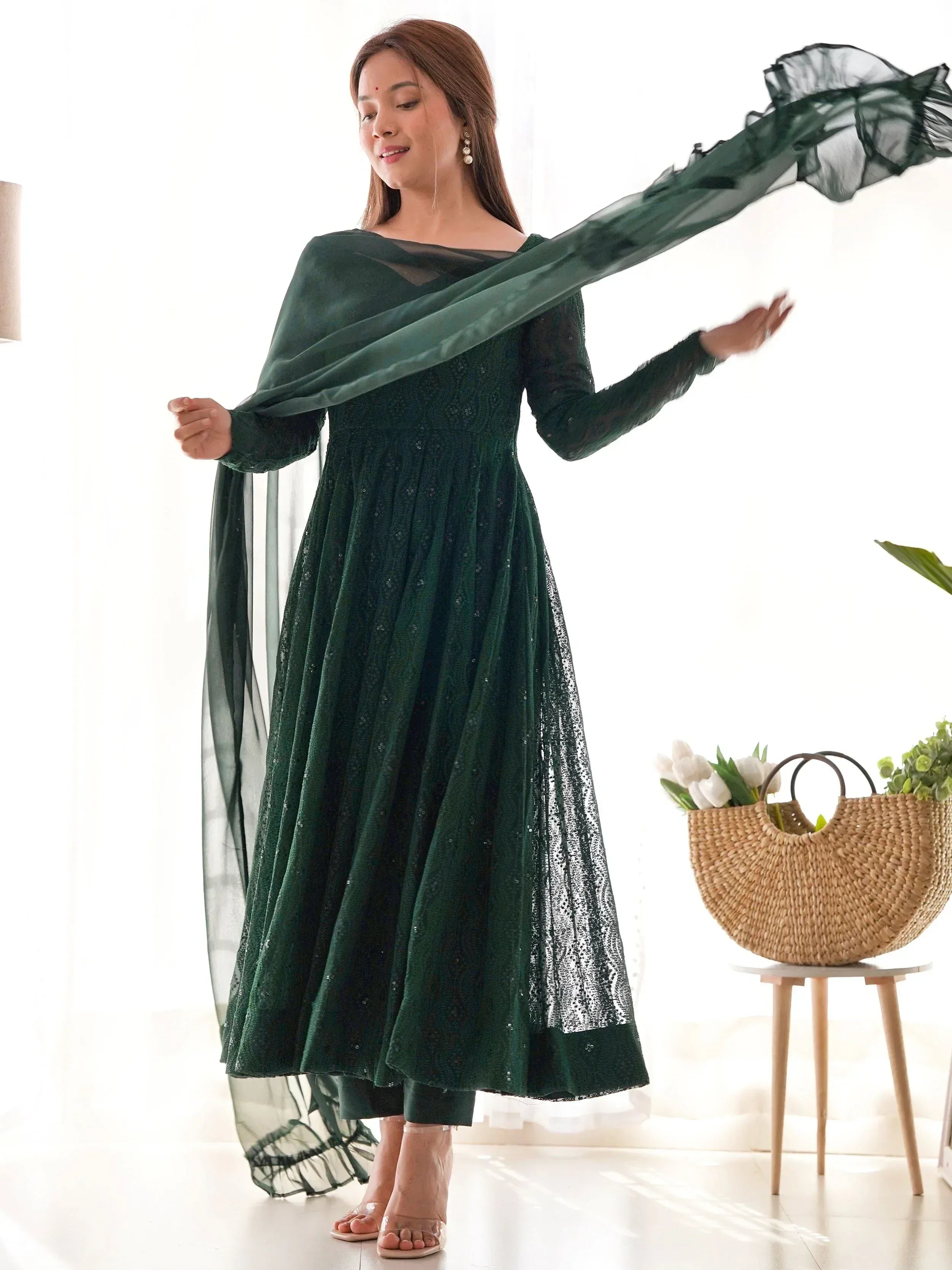 Delicate Green Georgette Lakhnavi Work Festival Wear Anarkali Suit