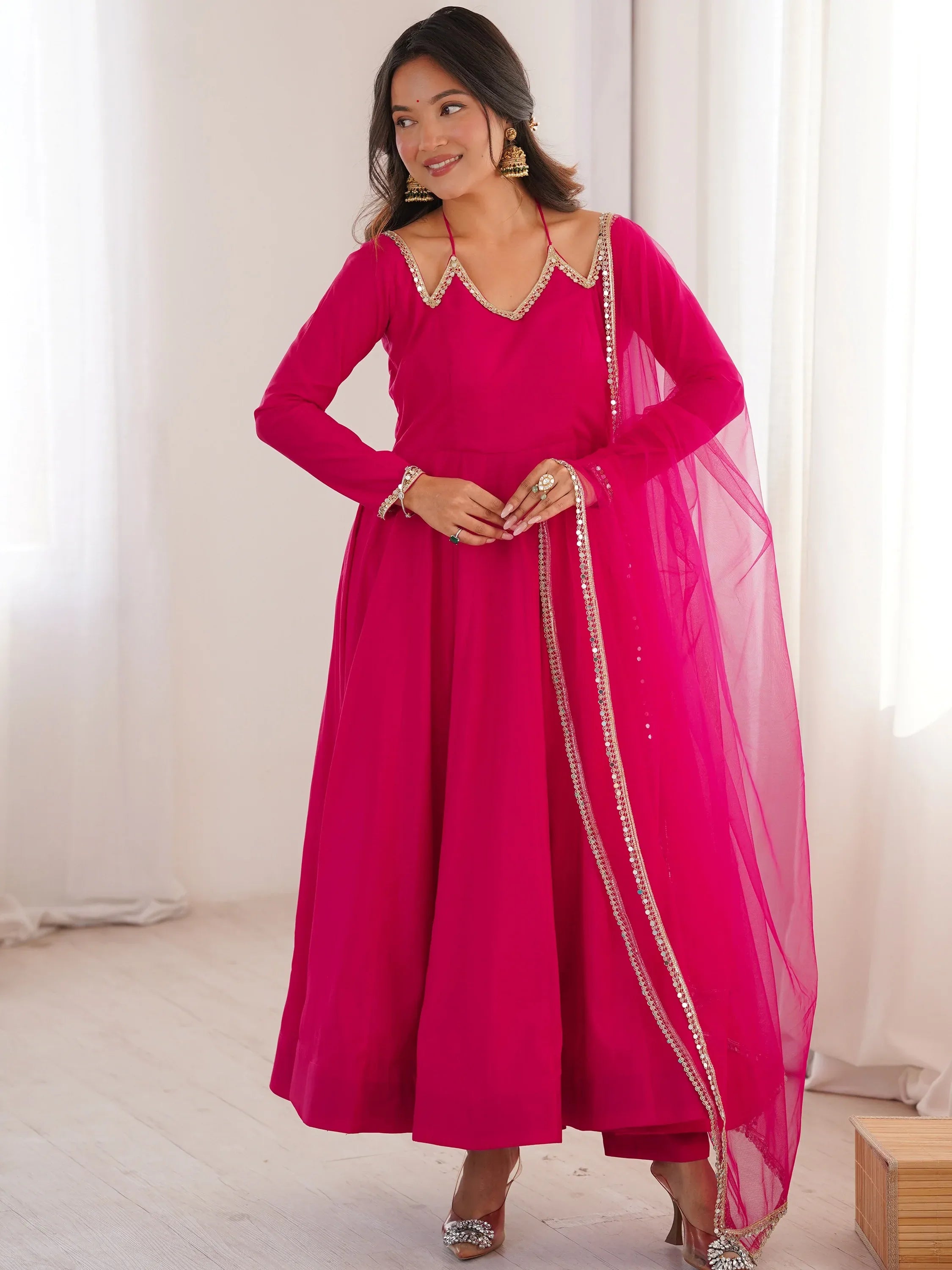 Fantastic Pink Lace Work Georgette Festival Wear Gown With Dupatta