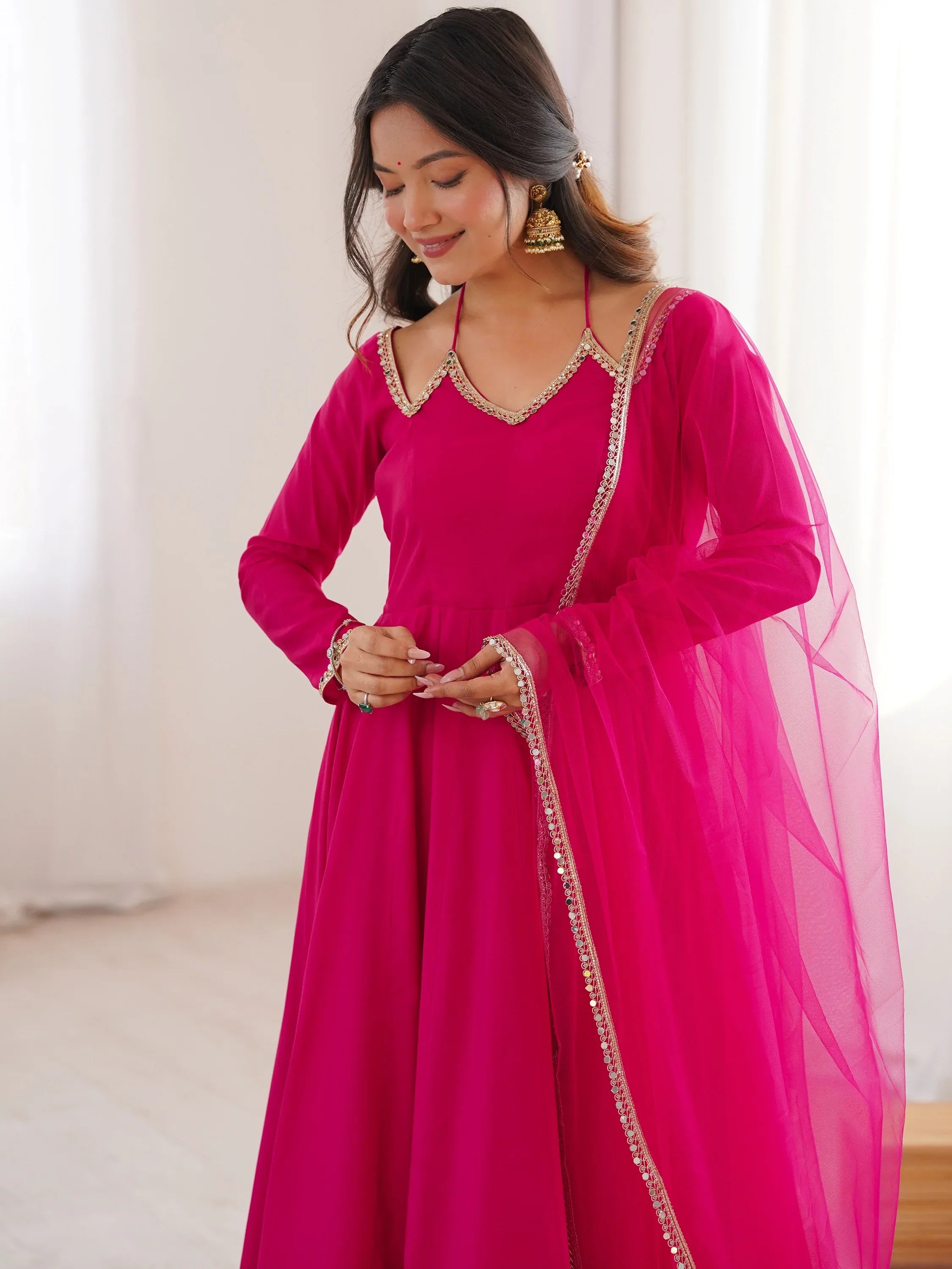Fantastic Pink Lace Work Georgette Festival Wear Gown With Dupatta