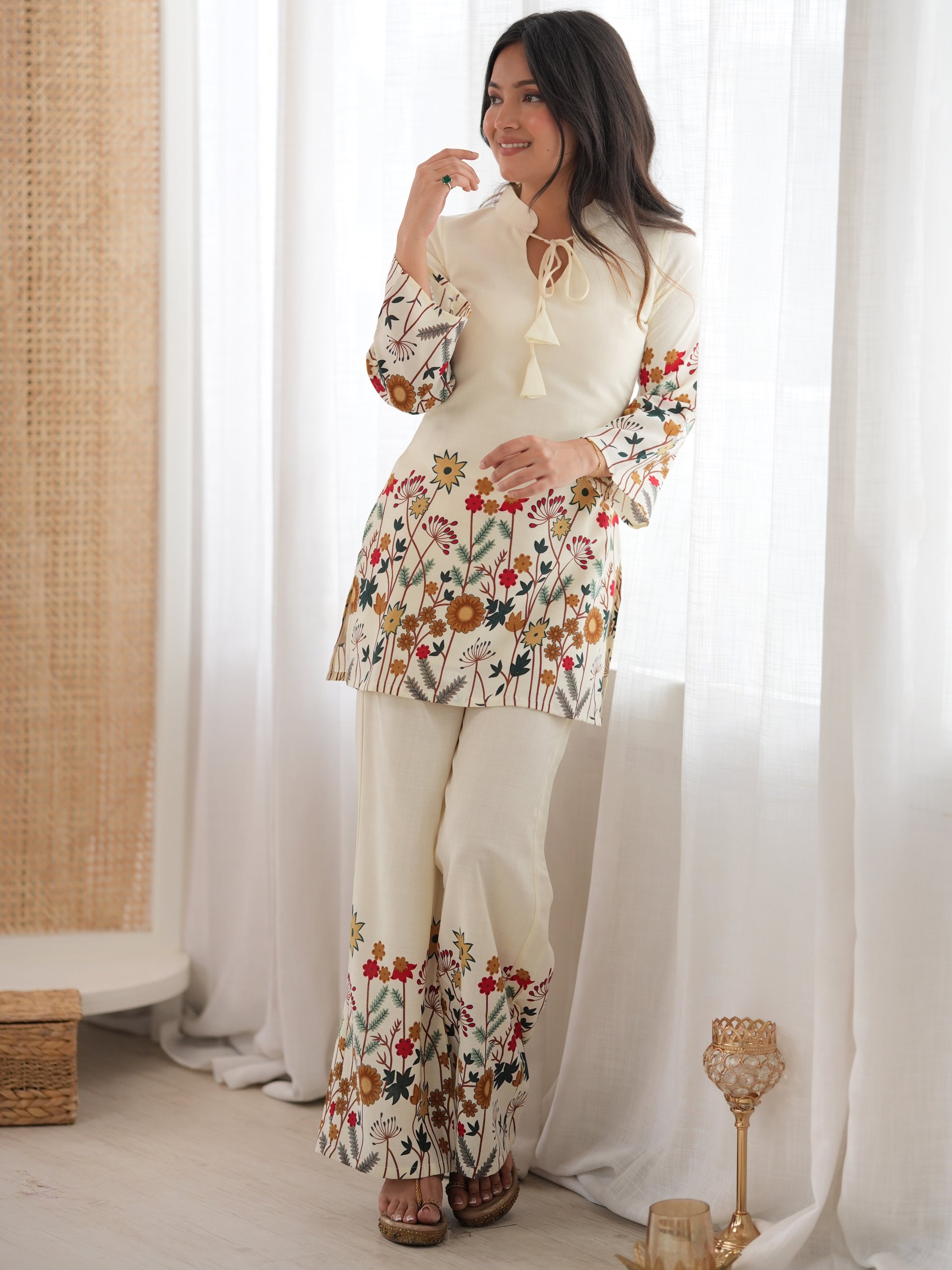 Precious Cream Floral Printed Cotton Festive Wear Pant Suit