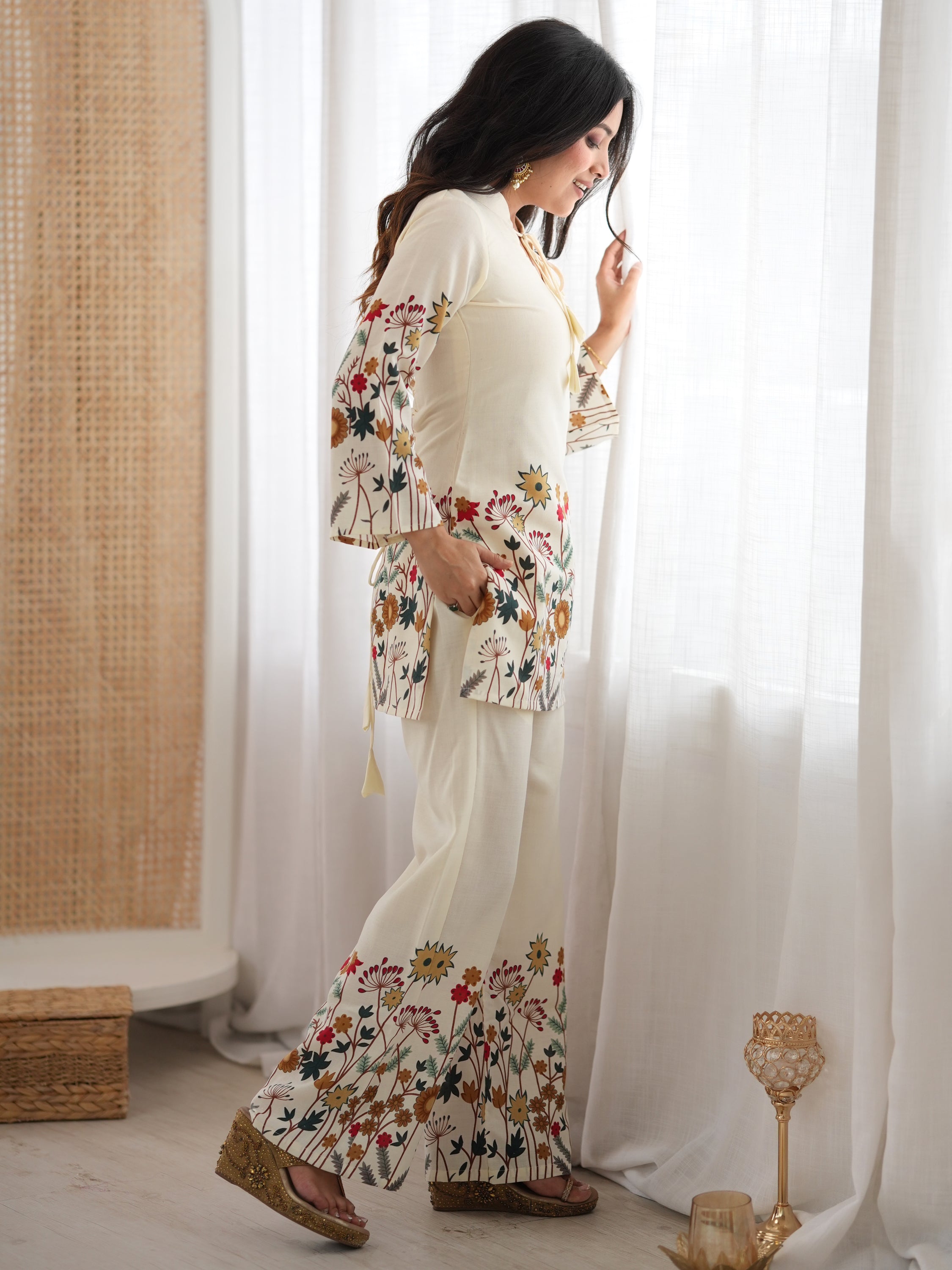 Precious Off-White Floral Printed Cotton Festive Wear Pant Suit