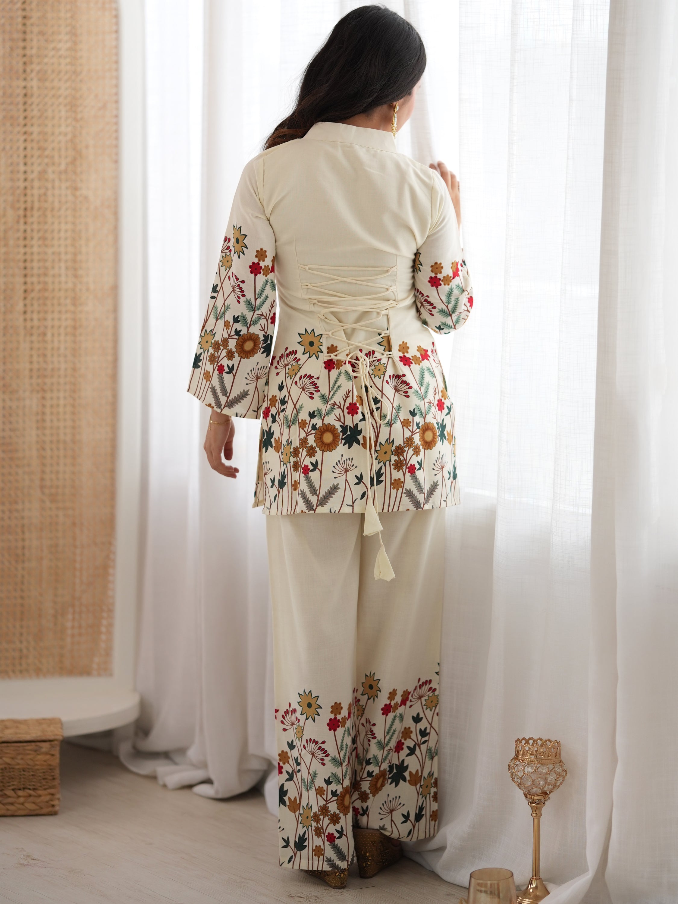 Precious Cream Floral Printed Cotton Festive Wear Pant Suit