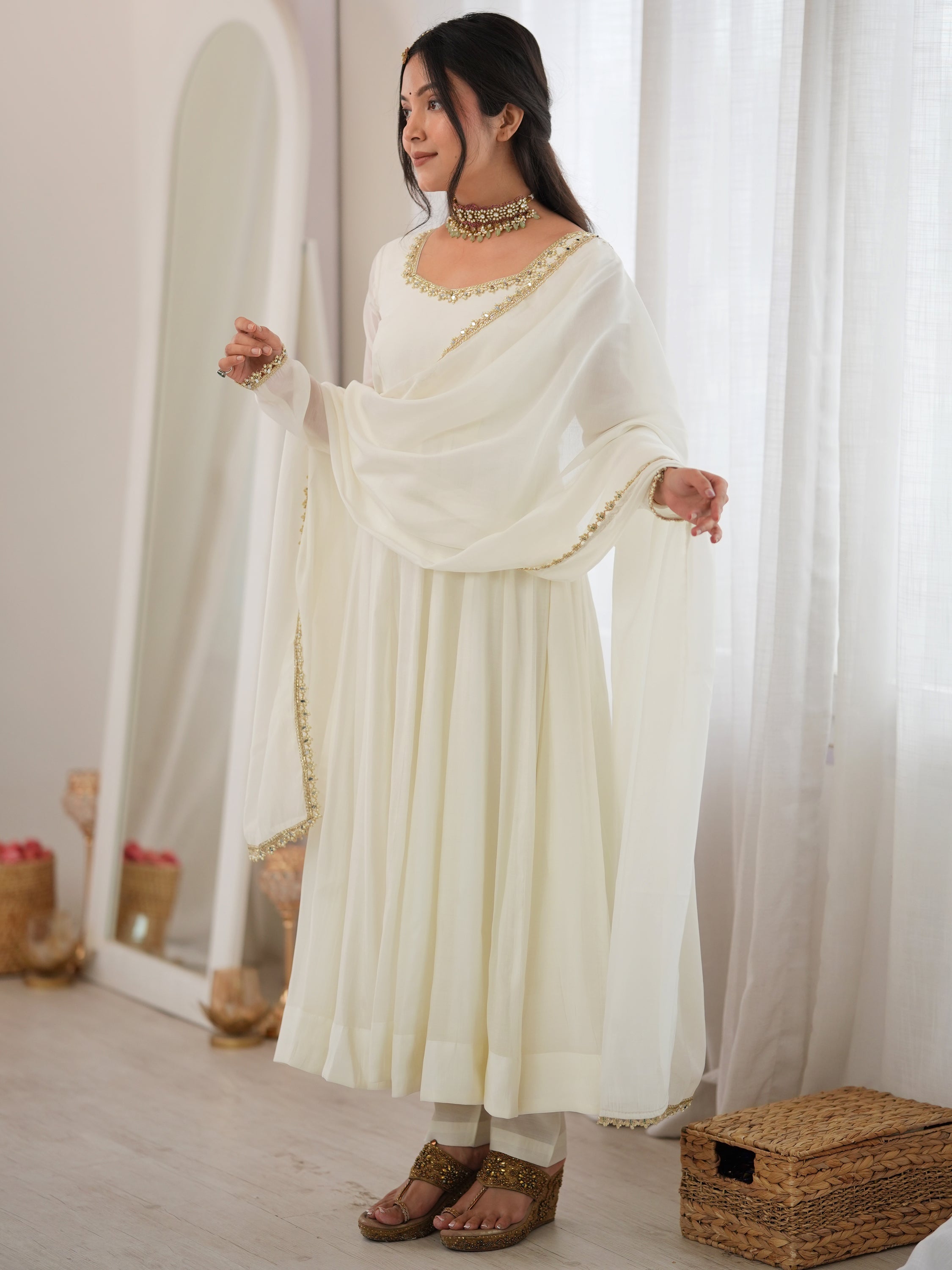 Alluring Off White Mirror Laced Chanderi Festive Wear Anarkali Suit