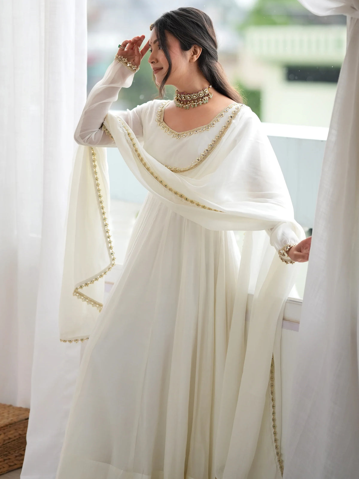Alluring Off White Mirror Laced Chanderi Festive Wear Anarkali Suit