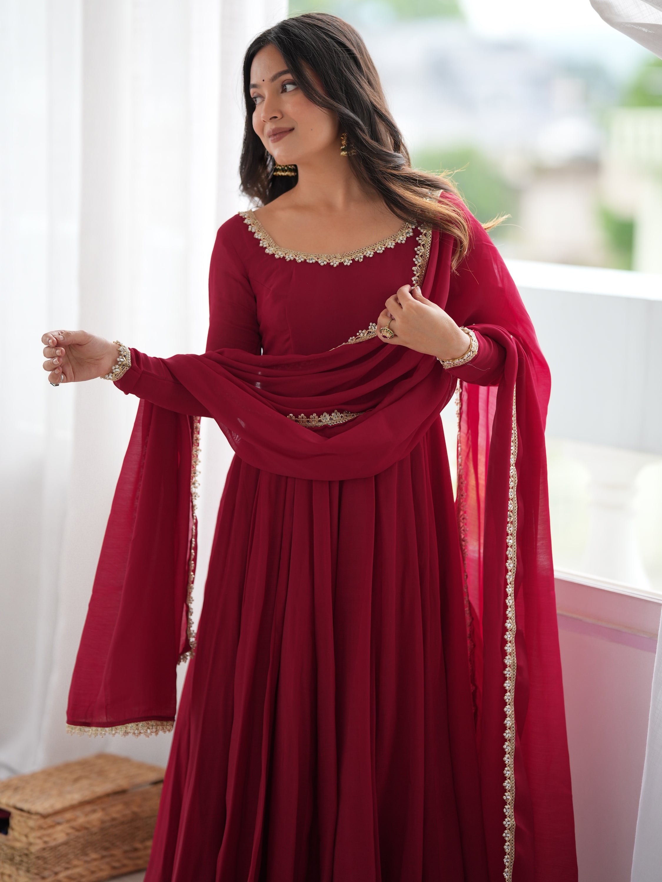 Wonderful Maroon Mirror Laced Chanderi Wedding Wear Anarkali Suit
