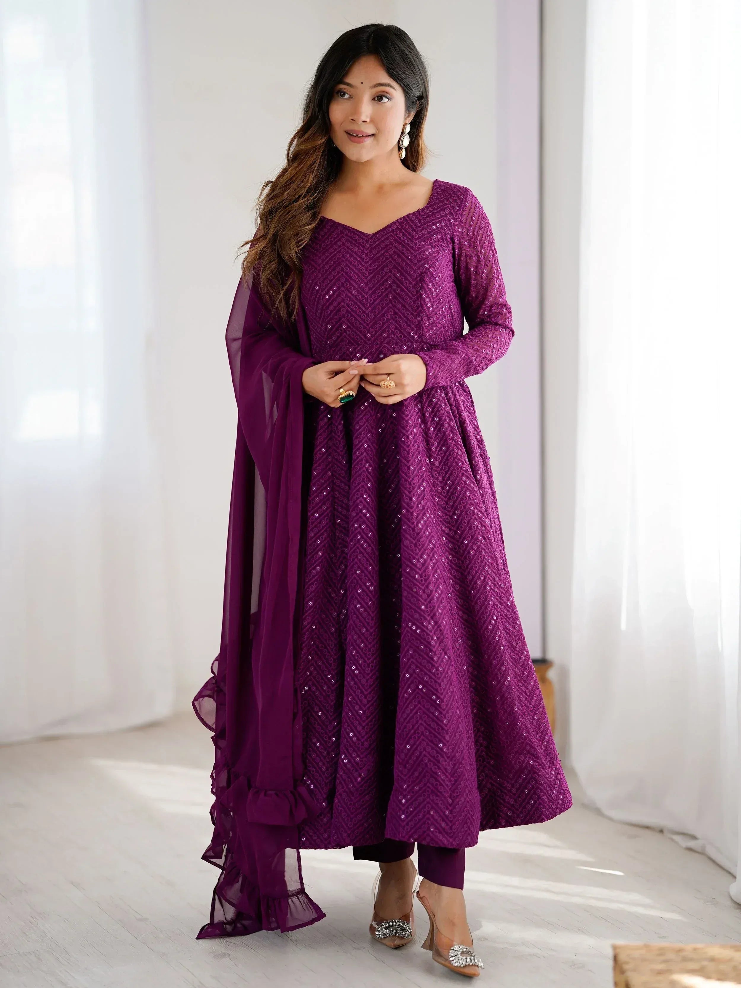 Purple sequin anarkali suit with ruffled dupatta, Indian ethnic wear for women