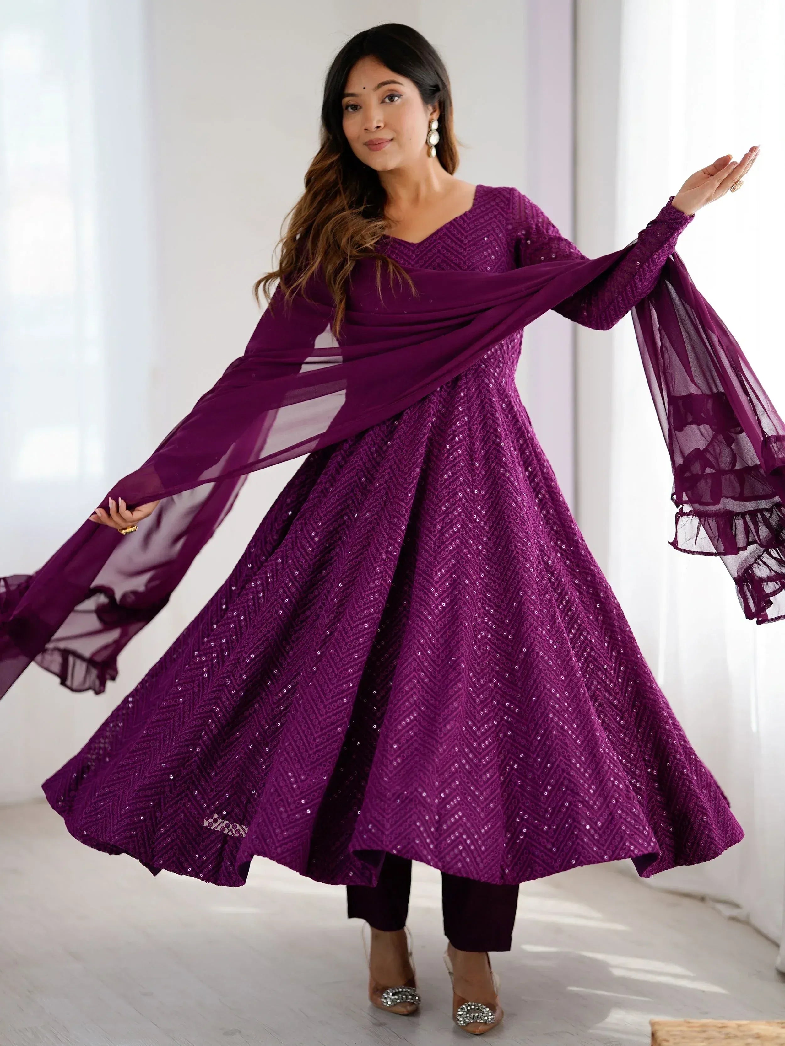 Purple sequin anarkali suit with flared sleeves and dupatta, Indian ethnic wear for women