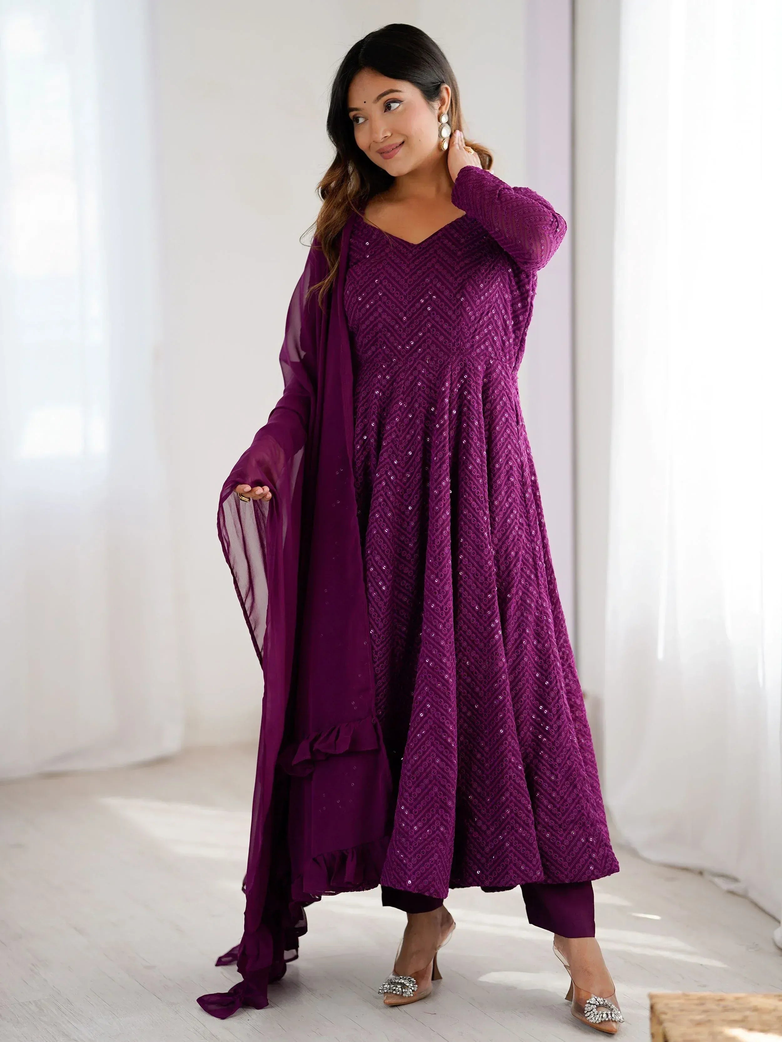 Purple sequin ethnic anarkali suit with matching dupatta and palazzo pants for women