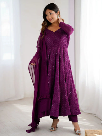 Regal Wine Georgette Lakhnavi Embroidered Festival Wear Anarkali Suit