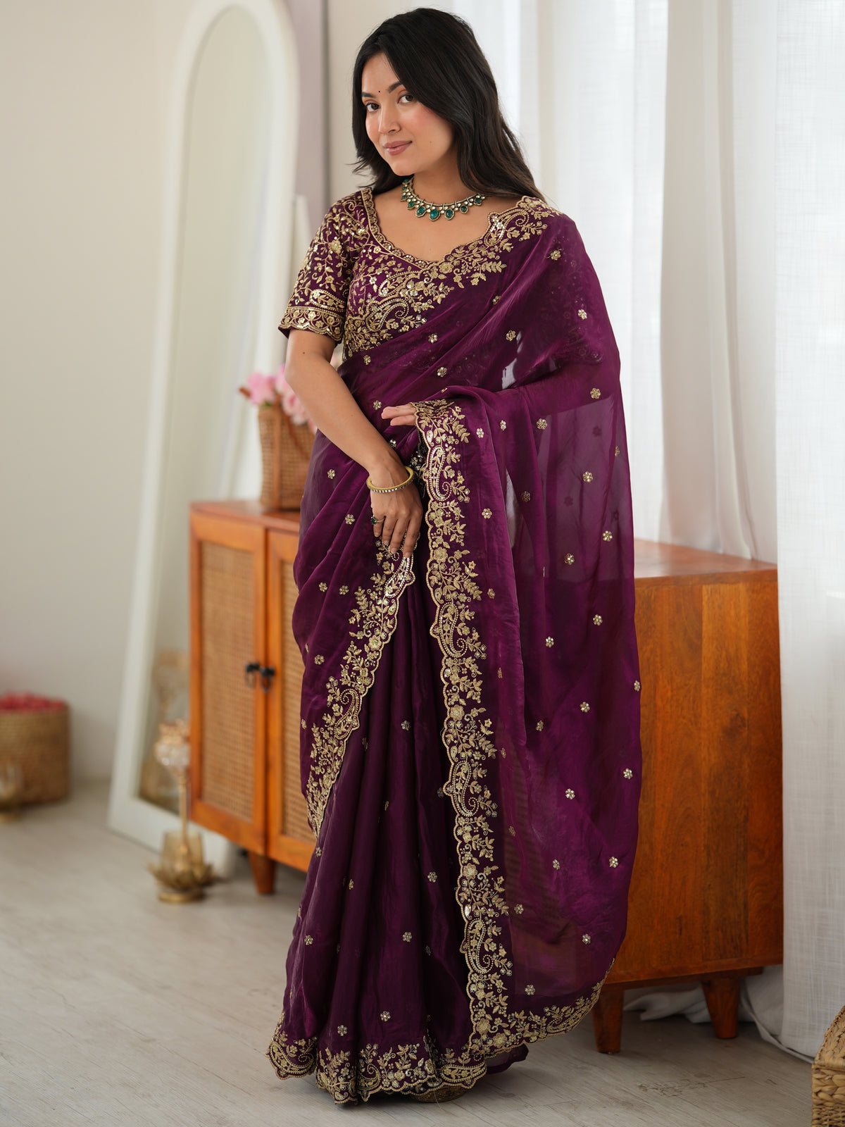 Premium Wine Sequins Silk Reception Wear Saree With Blouse