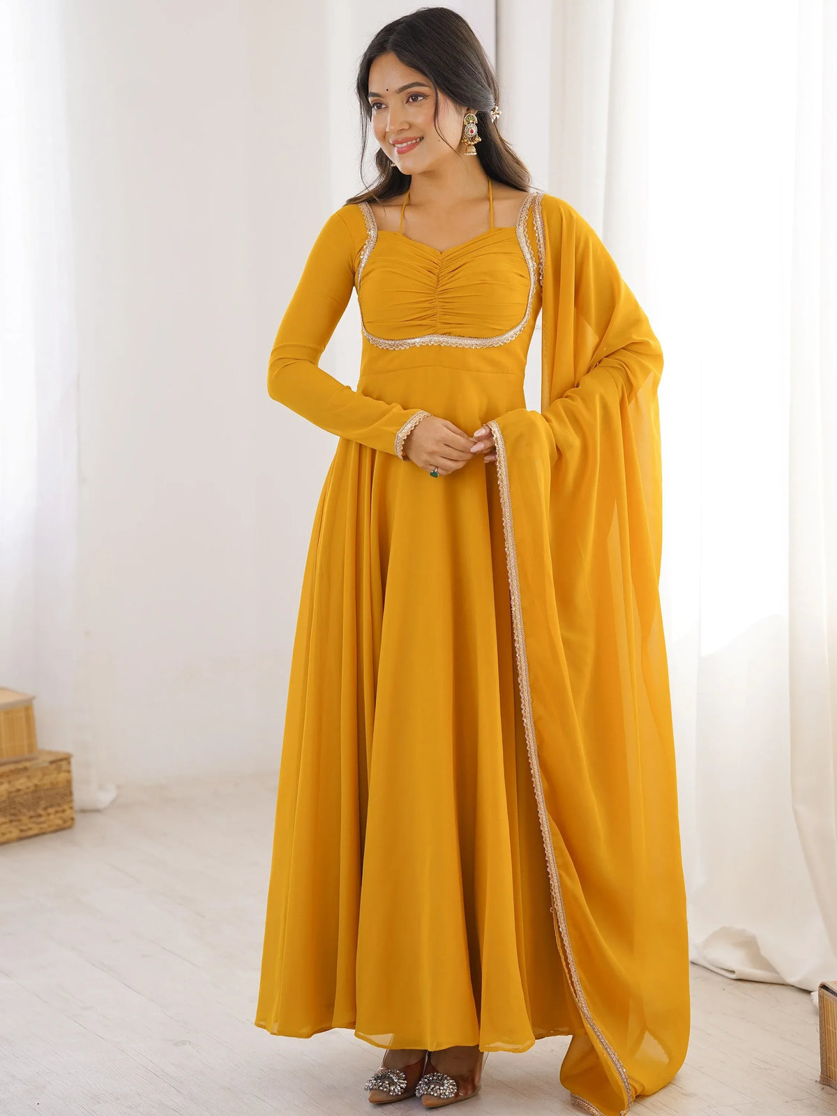 Precious Yellow Lace Work Georgette Haldi Wear Gown With Dupatta