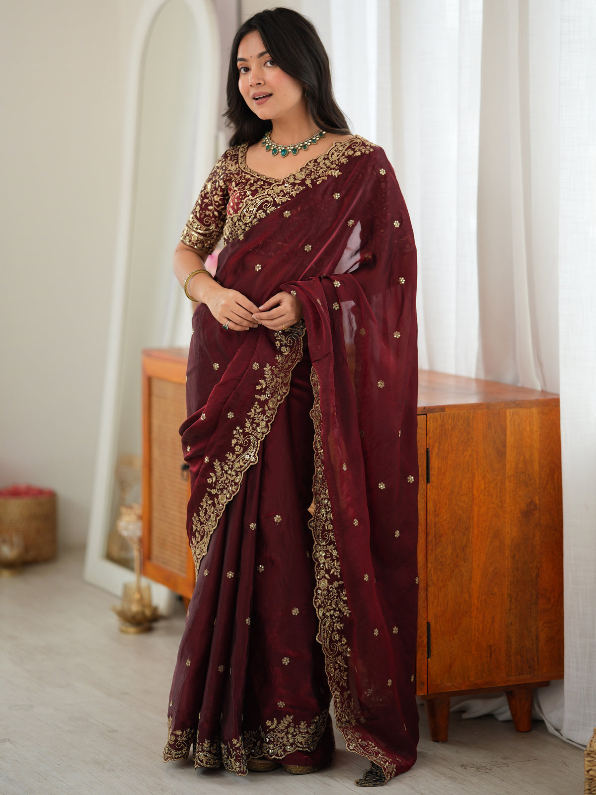 Royal Maroon Thread Work Silk Wedding Wear Saree With Blouse