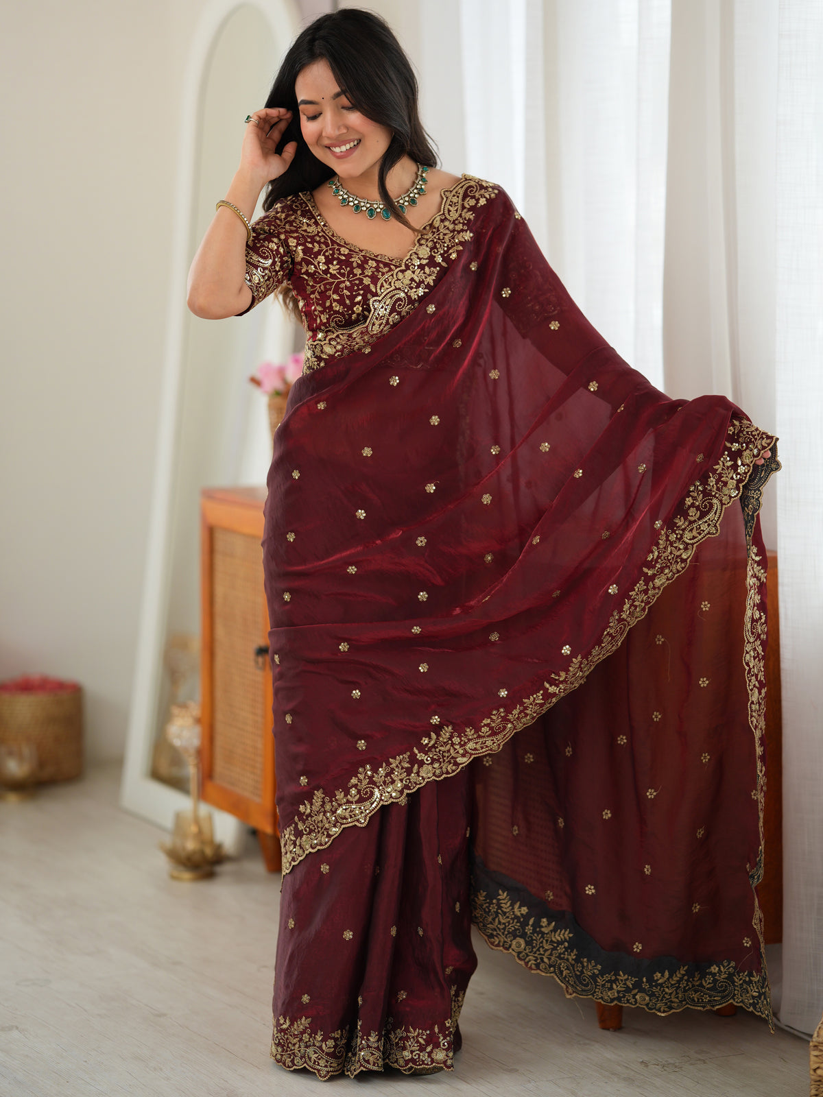 Royal Maroon Thread Work Silk Wedding Wear Saree With Blouse