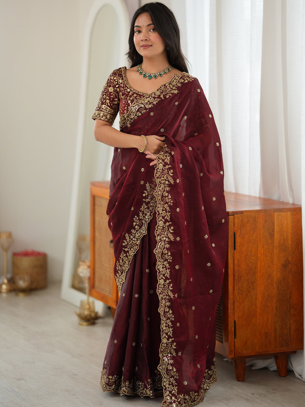 Royal Maroon Thread Work Silk Wedding Wear Saree With Blouse