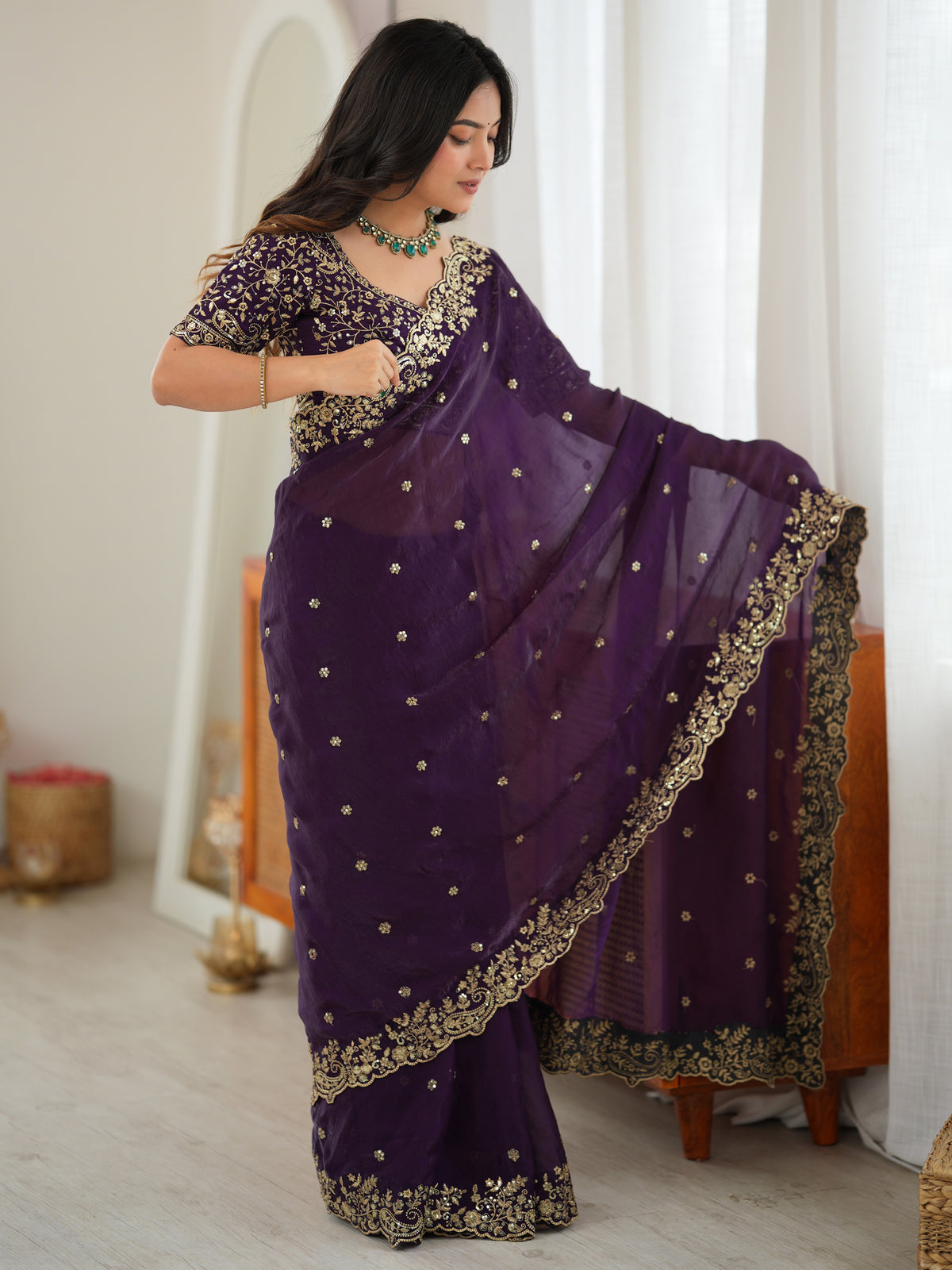 Luxurious Purple Embroidered Silk Engagement Wear Saree With Blouse