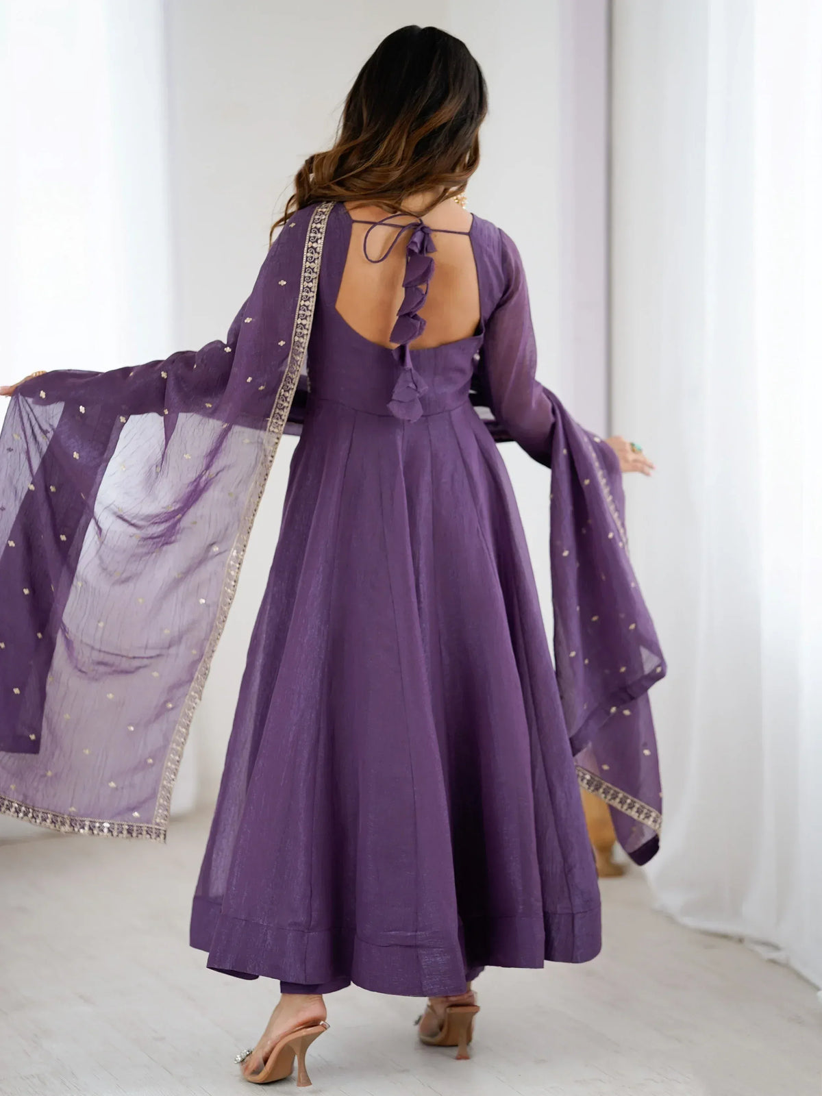 Purple anarkali suit with ruffled back tie and sheer dupatta, Indian ethnic wear