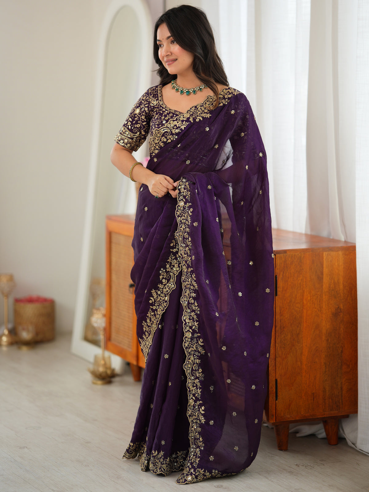 Luxurious Purple Embroidered Silk Engagement Wear Saree With Blouse