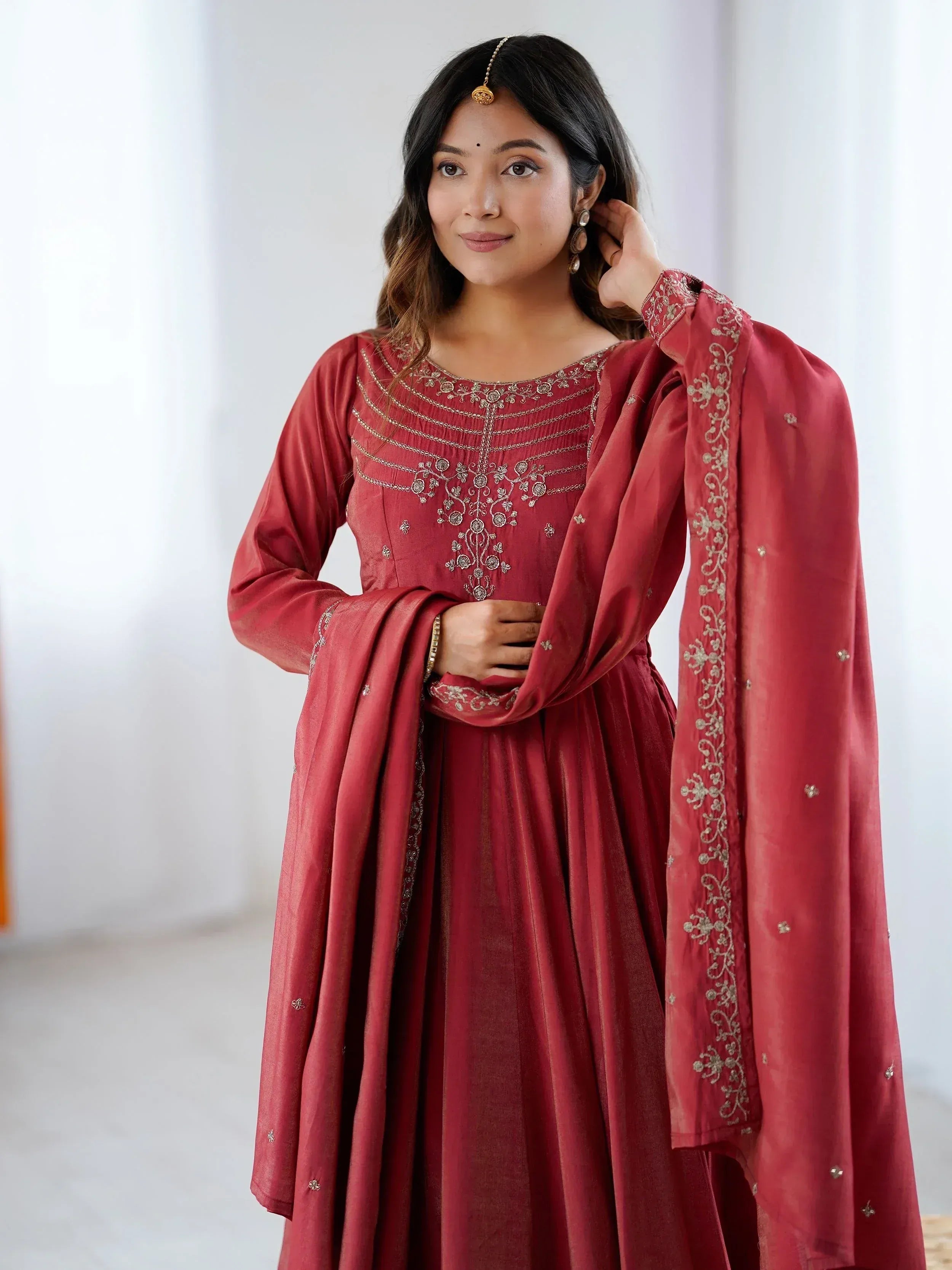 Red embroidered anarkali suit with dupatta, Indian ethnic wear for women