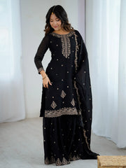 Pretty Black Silk Zari Embroidered Wedding Wear Sharara Suit