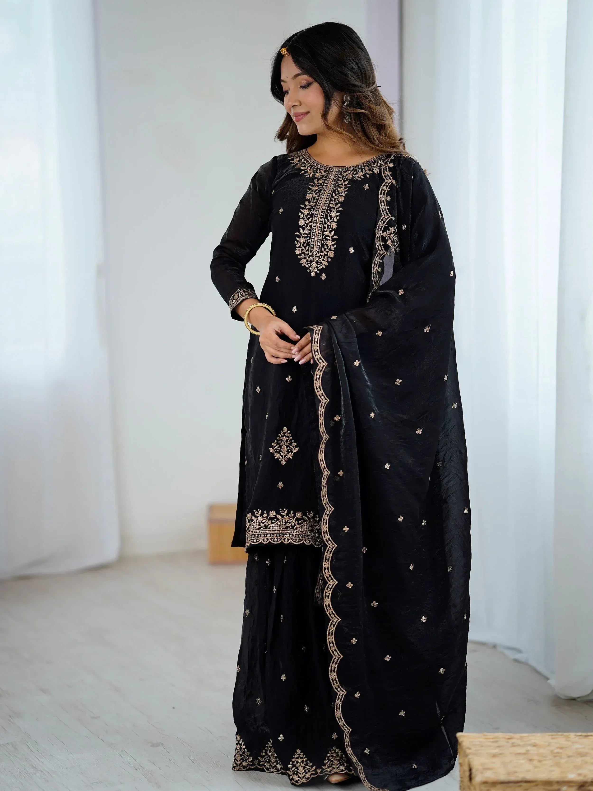 Black velvet salwar kameez with gold embroidery, ethnic Indian wear for women