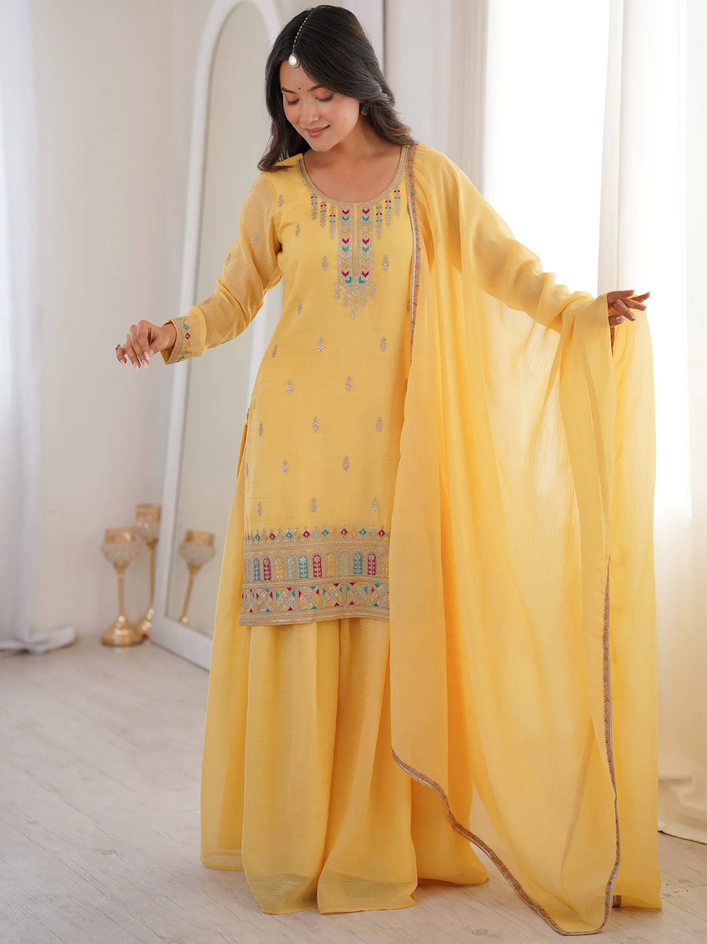 Superb Yellow Dori Embroidered Silk Haldi Wear Sharara Suit