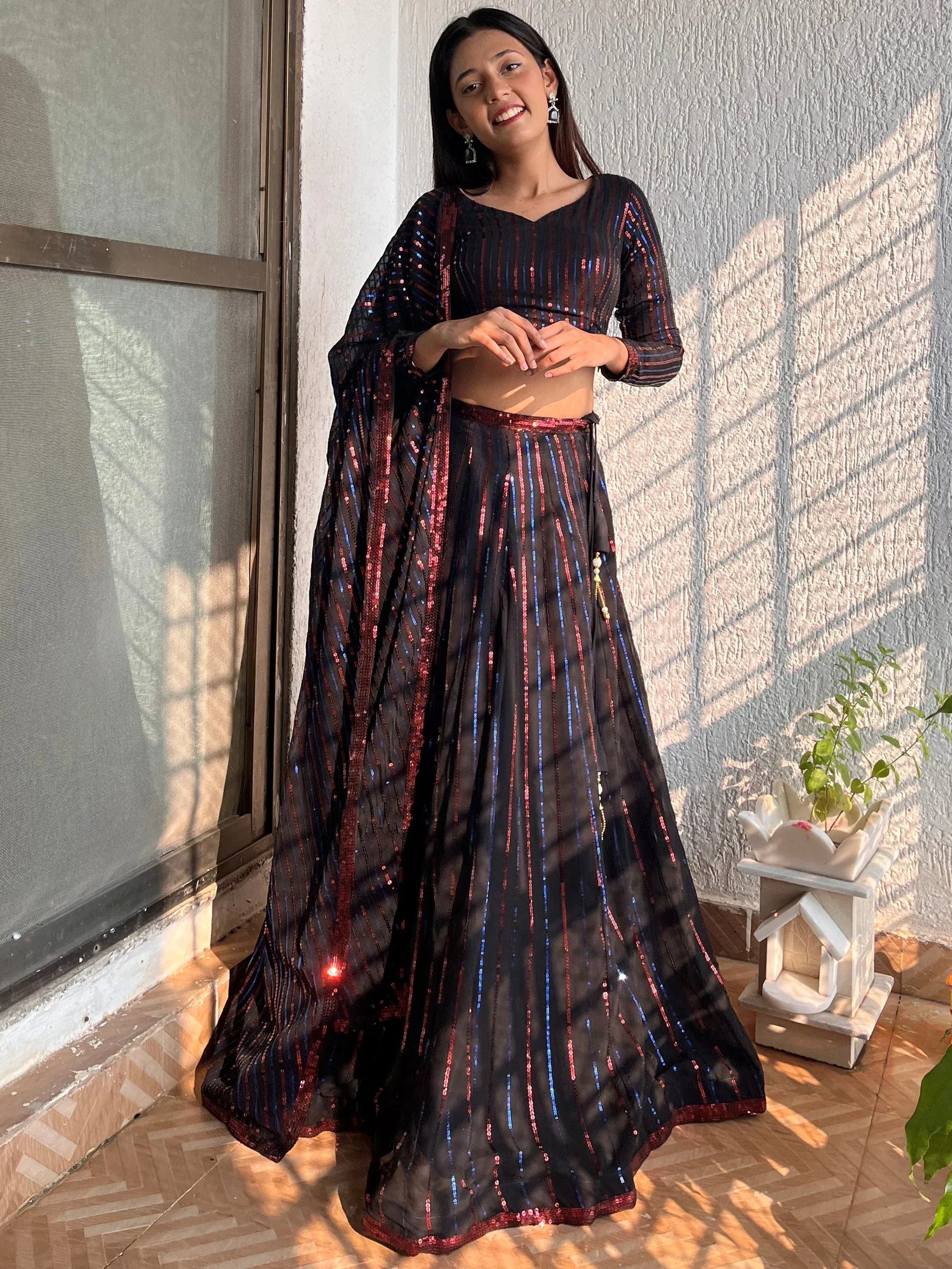 Awesome Black Sequins Georgette Festival Wear Plus Size Lehenga Choli