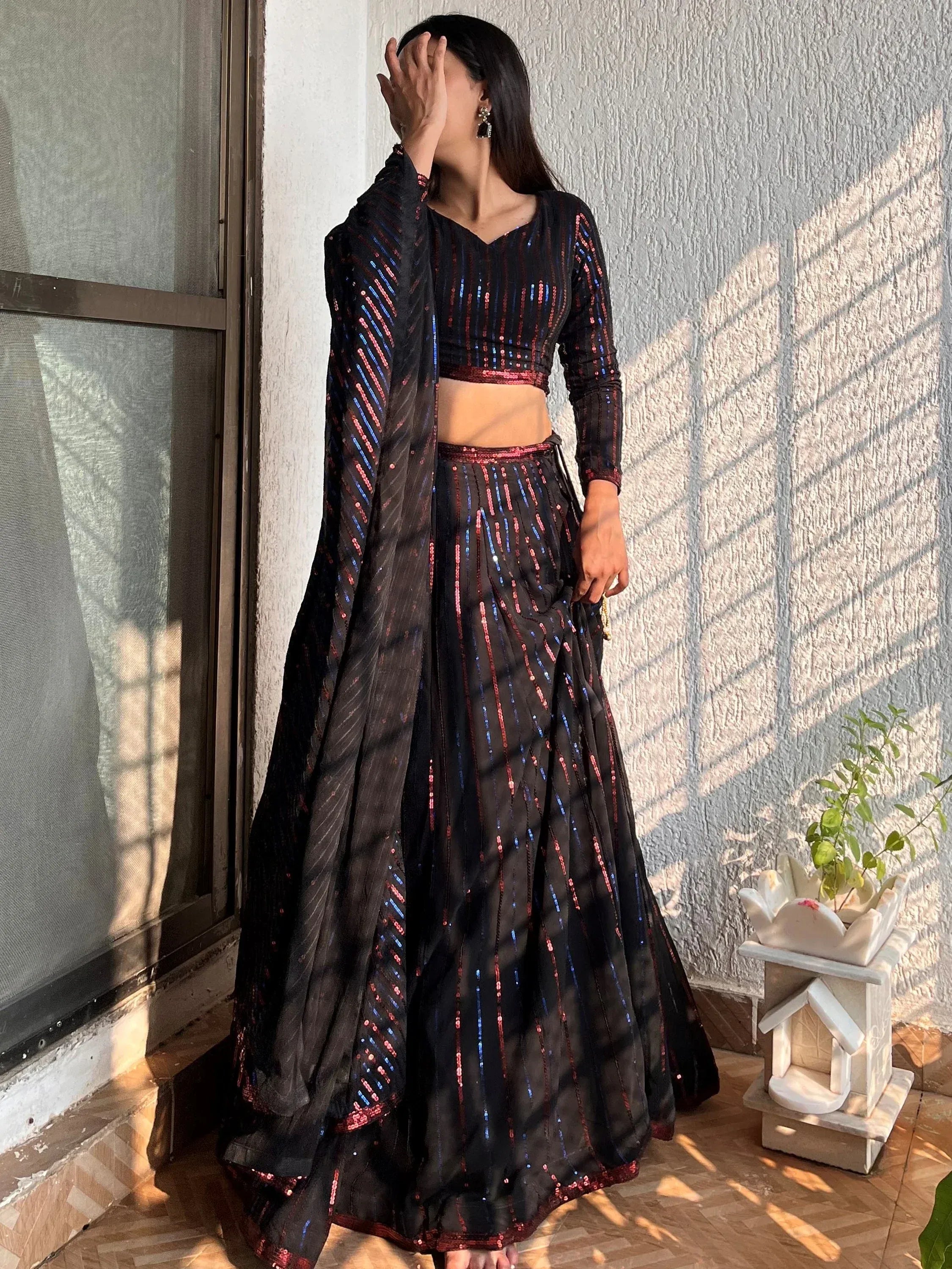 Awesome Black Sequins Georgette Festival Wear Plus Size Lehenga Choli