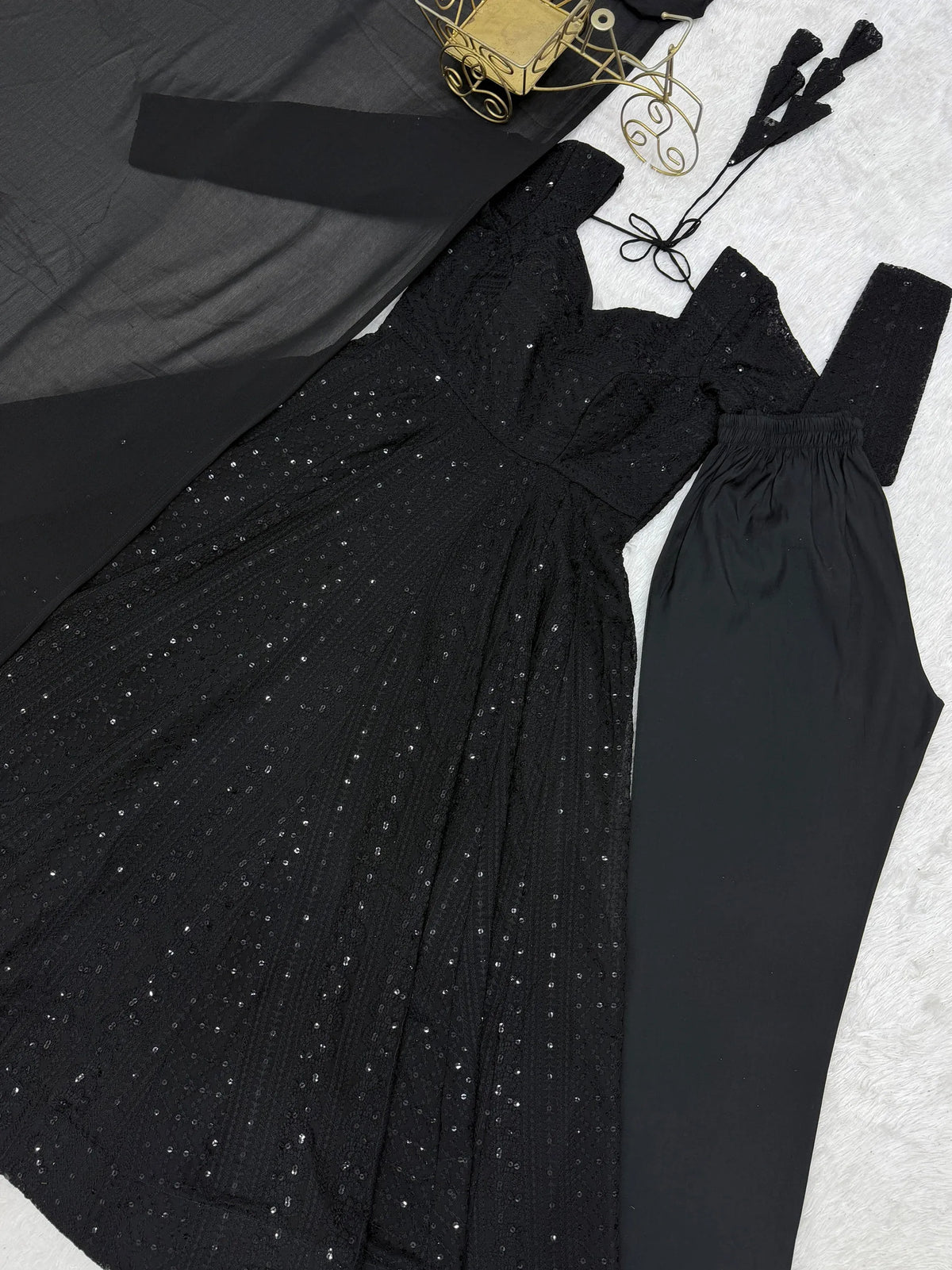 Gorgeous Black Sequins Georgette Evening Wear Anarkali Pant Suit