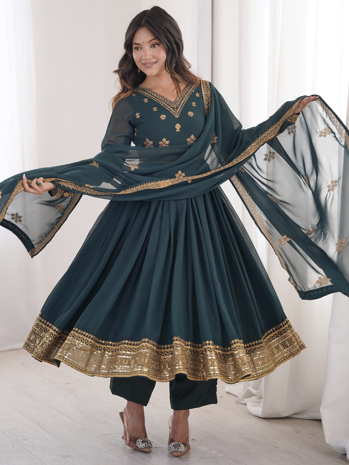 Fantastic Teal Blue Sequins Georgette Traditional Anarkali Suit
