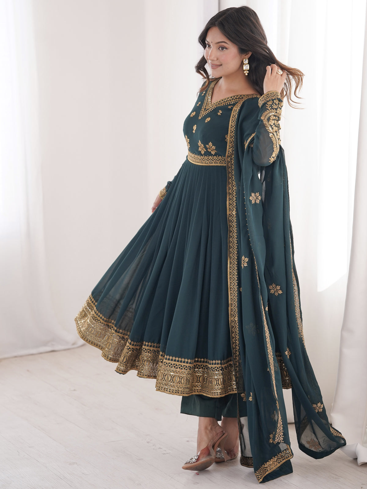 Fantastic Teal Blue Sequins Georgette Traditional Anarkali Suit
