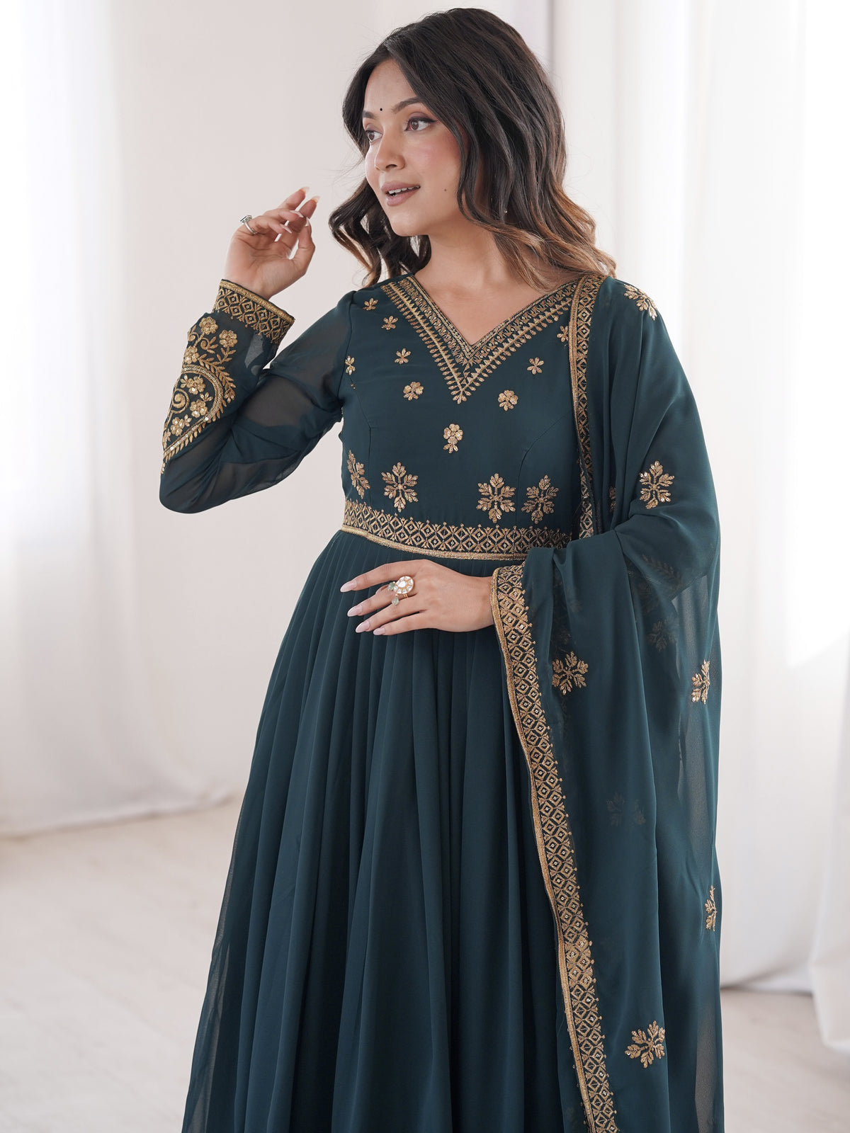 Fantastic Teal Blue Sequins Georgette Traditional Anarkali Suit