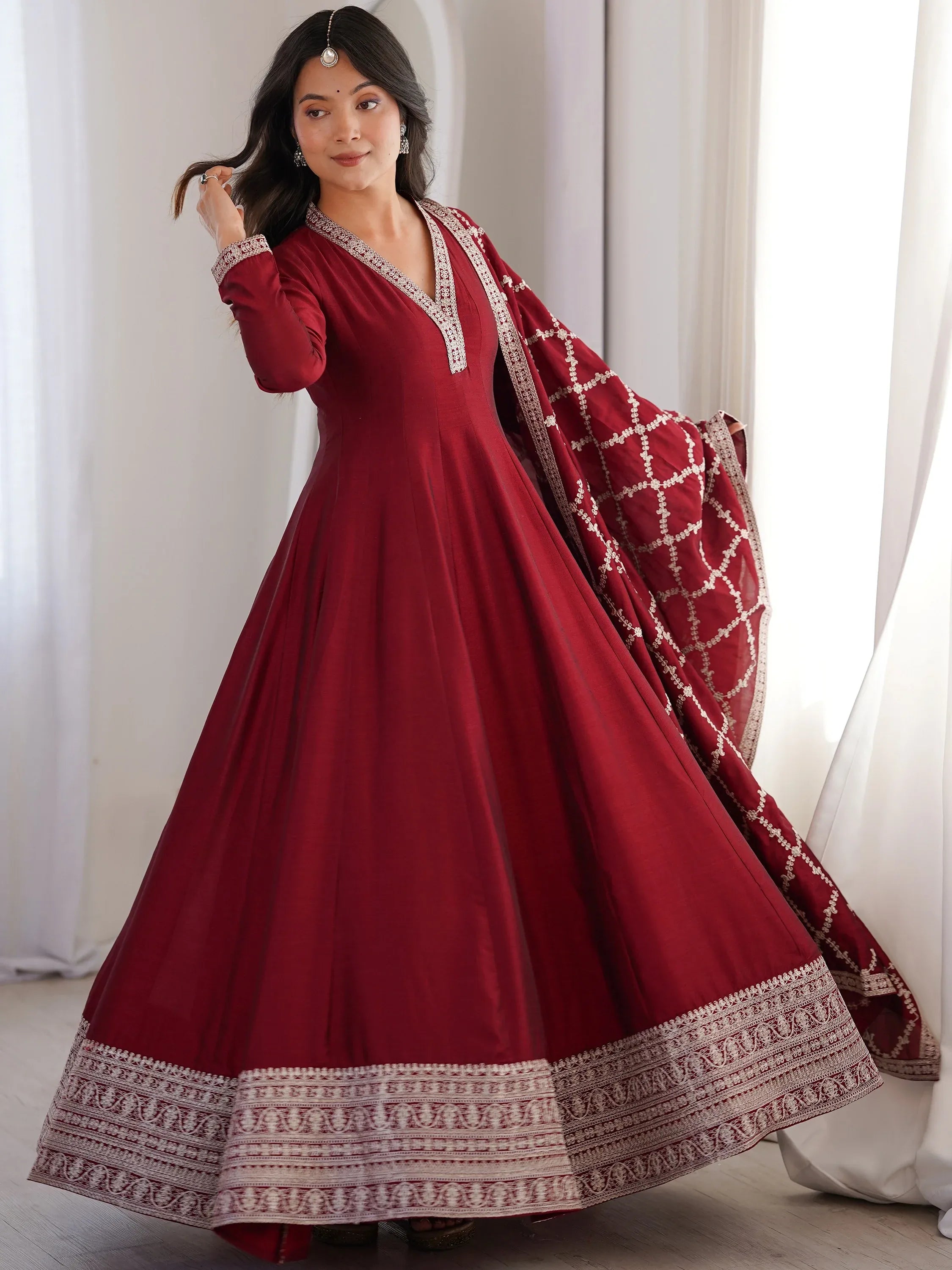 Glamorous Maroon Embroidered Silk Festival Wear Gown With Dupatta