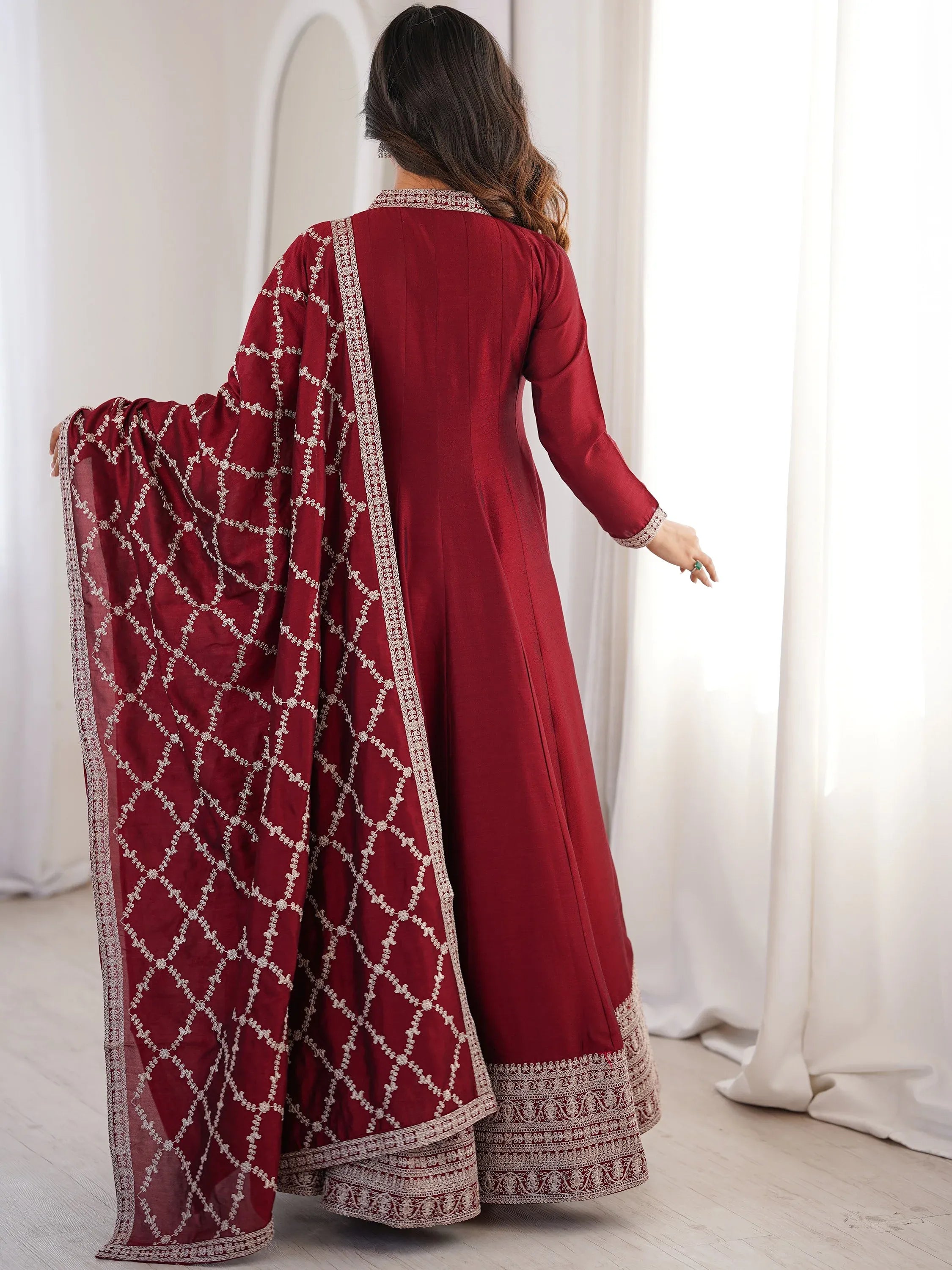 Glamorous Maroon Embroidered Silk Festival Wear Gown With Dupatta
