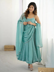 Chic Sky Blue Silk Swarovski Work Traditional Anarkali Suit