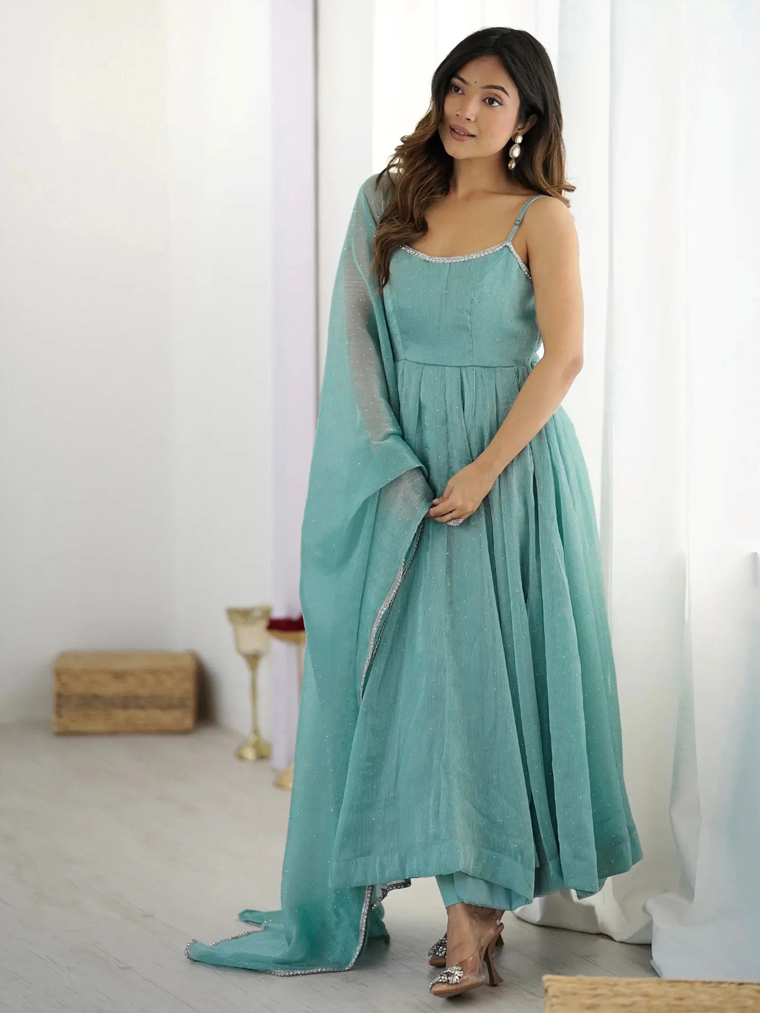 Chic Sky Blue Silk Swarovski Work Traditional Anarkali Suit