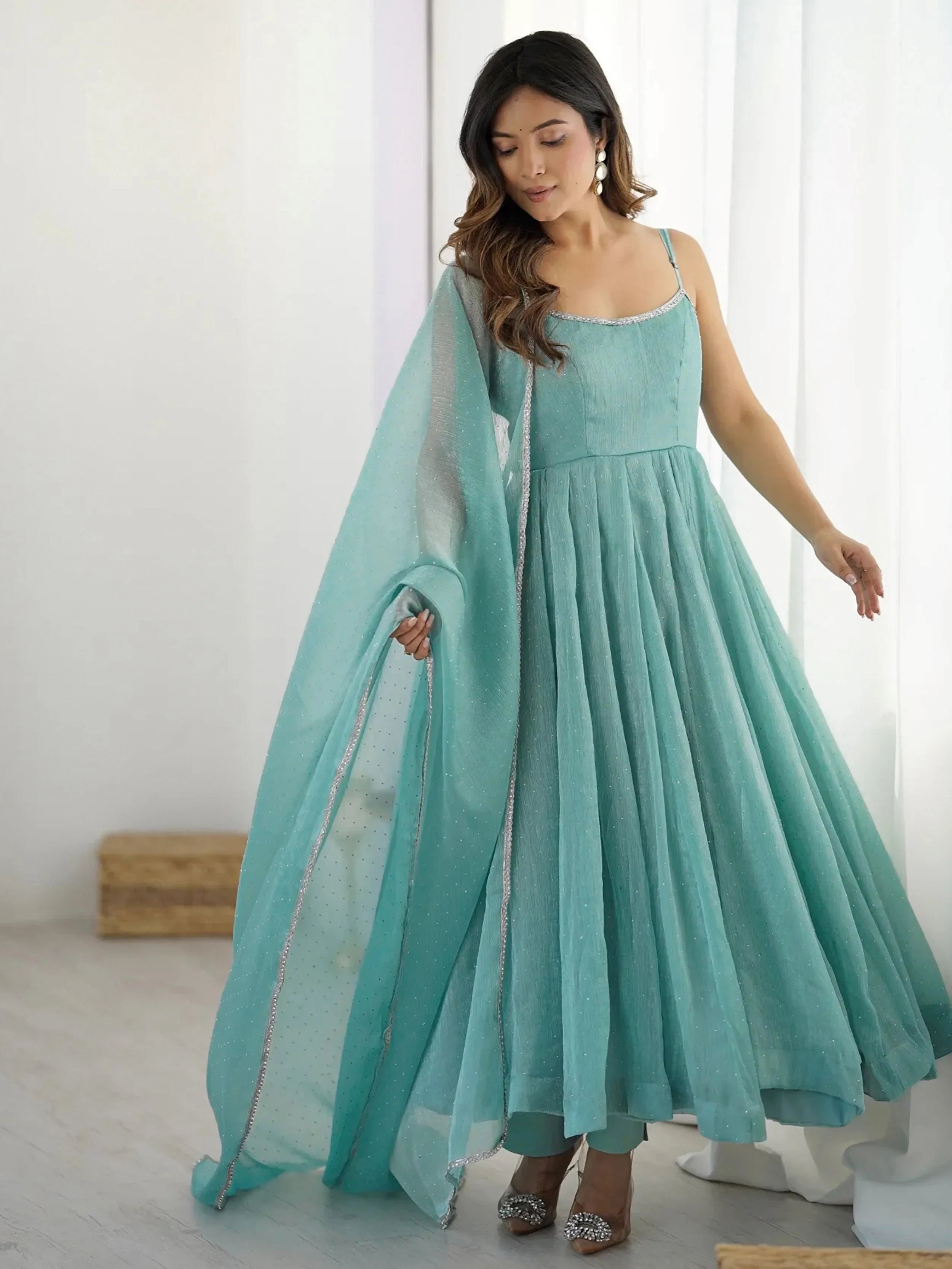 Chic Sky Blue Silk Swarovski Work Traditional Anarkali Suit