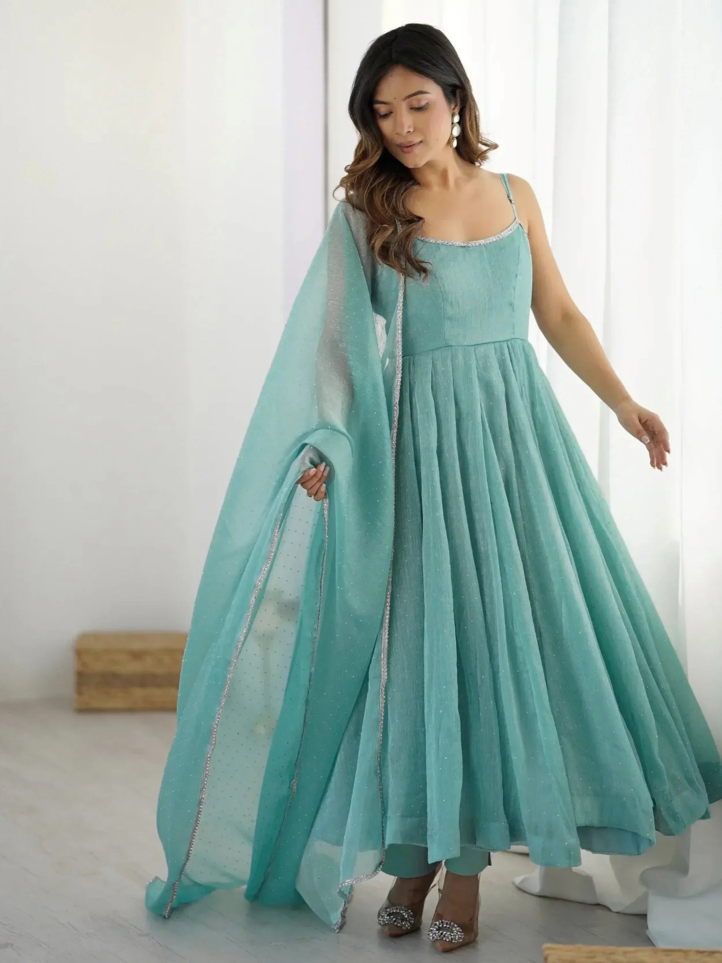 Chic Sky Blue Silk Swarovski Work Traditional Anarkali Suit