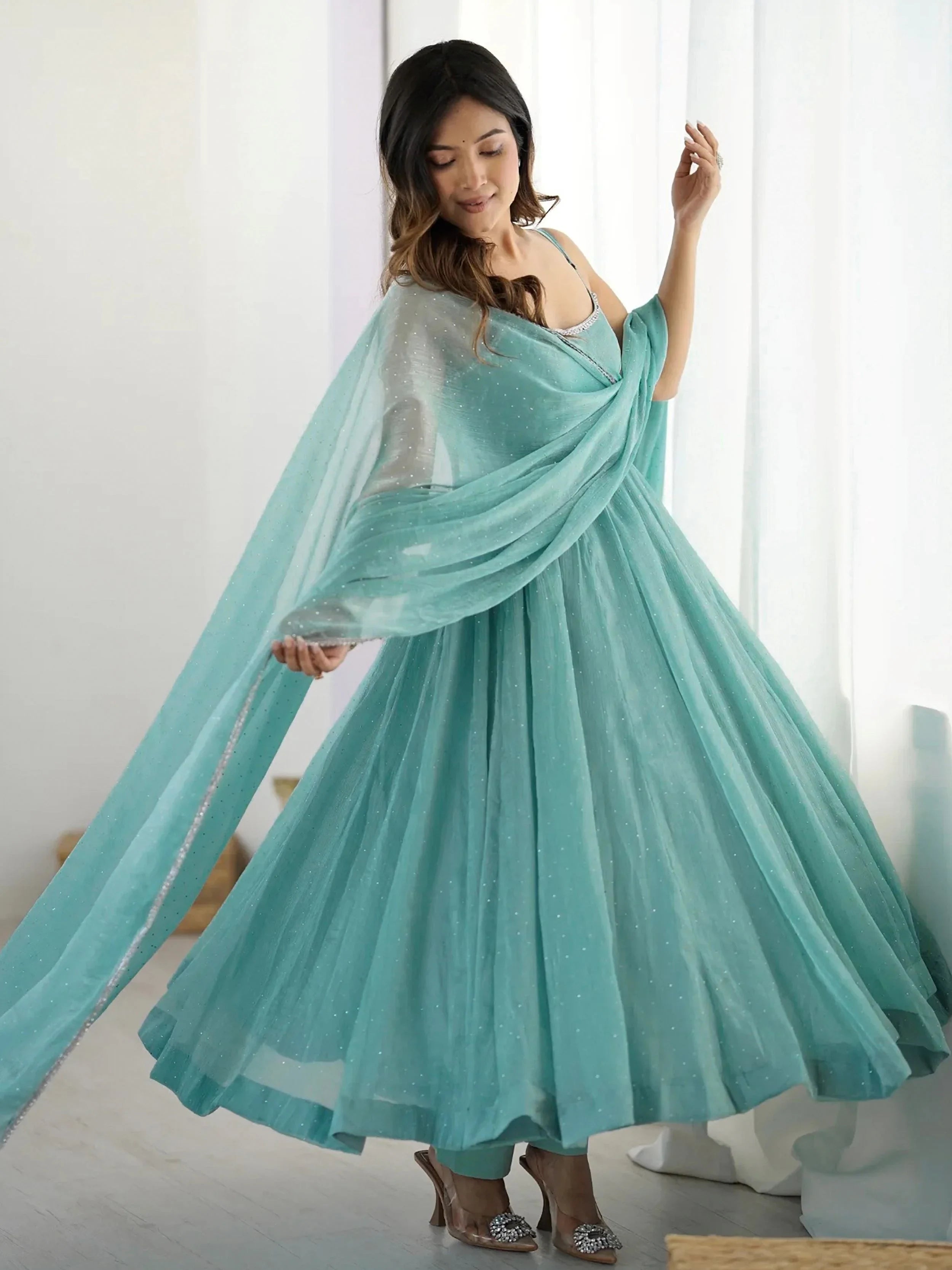 Chic Sky Blue Silk Swarovski Work Traditional Anarkali Suit