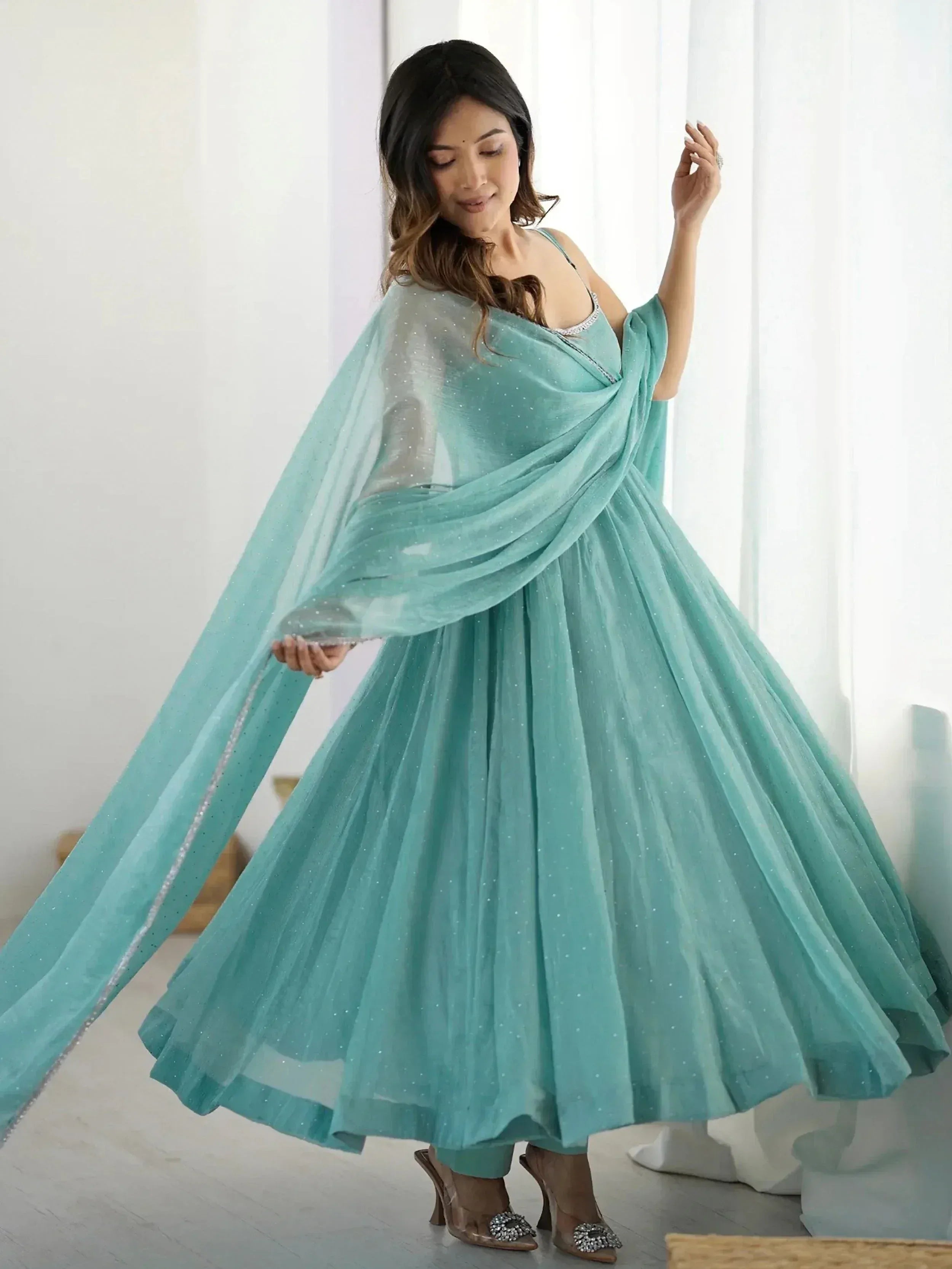 Chic Sky Blue Silk Swarovski Work Traditional Anarkali Suit