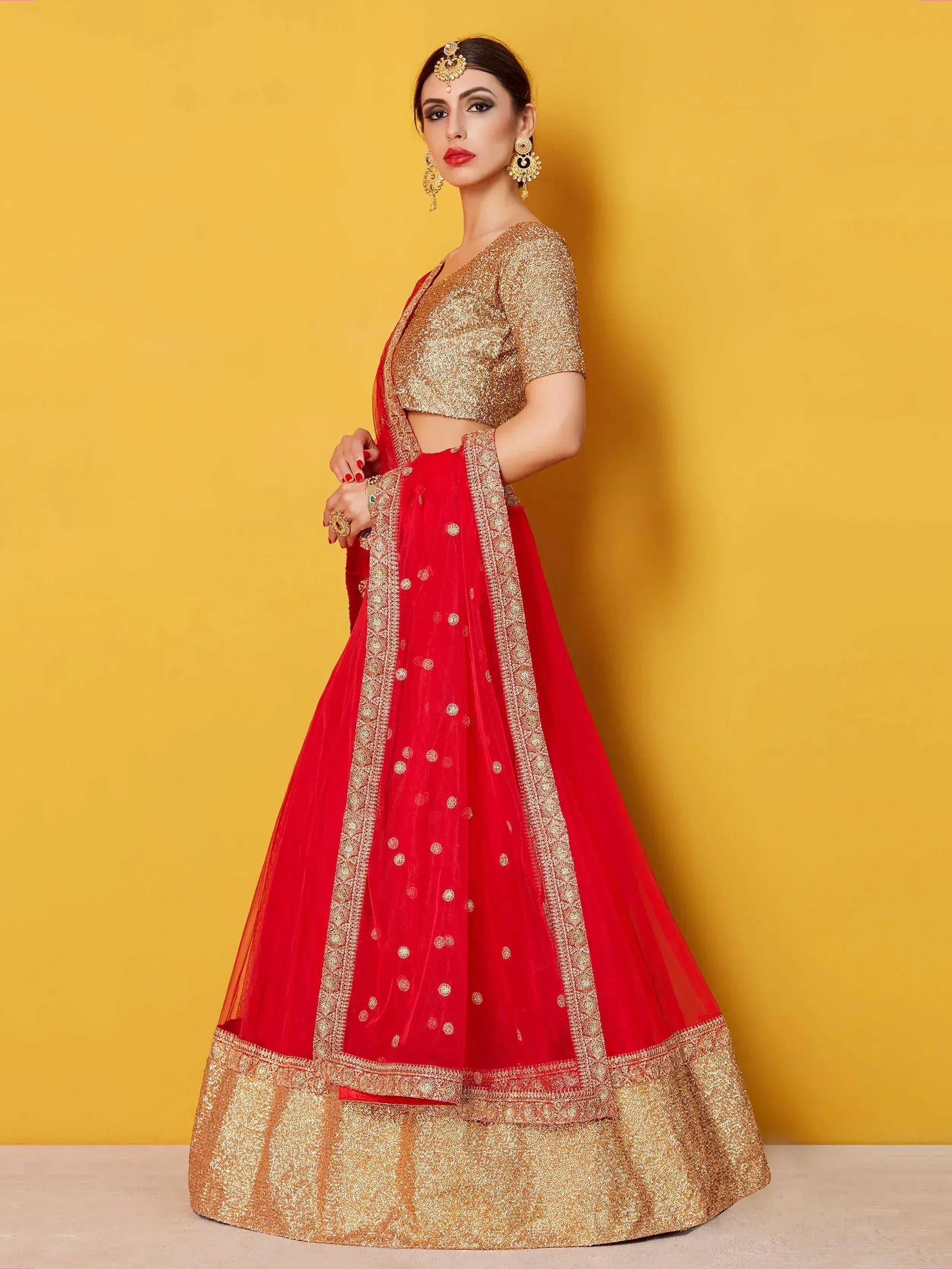 Red and gold designer lehenga choli with intricate embroidery, perfect for Indian weddings and festive occasions.