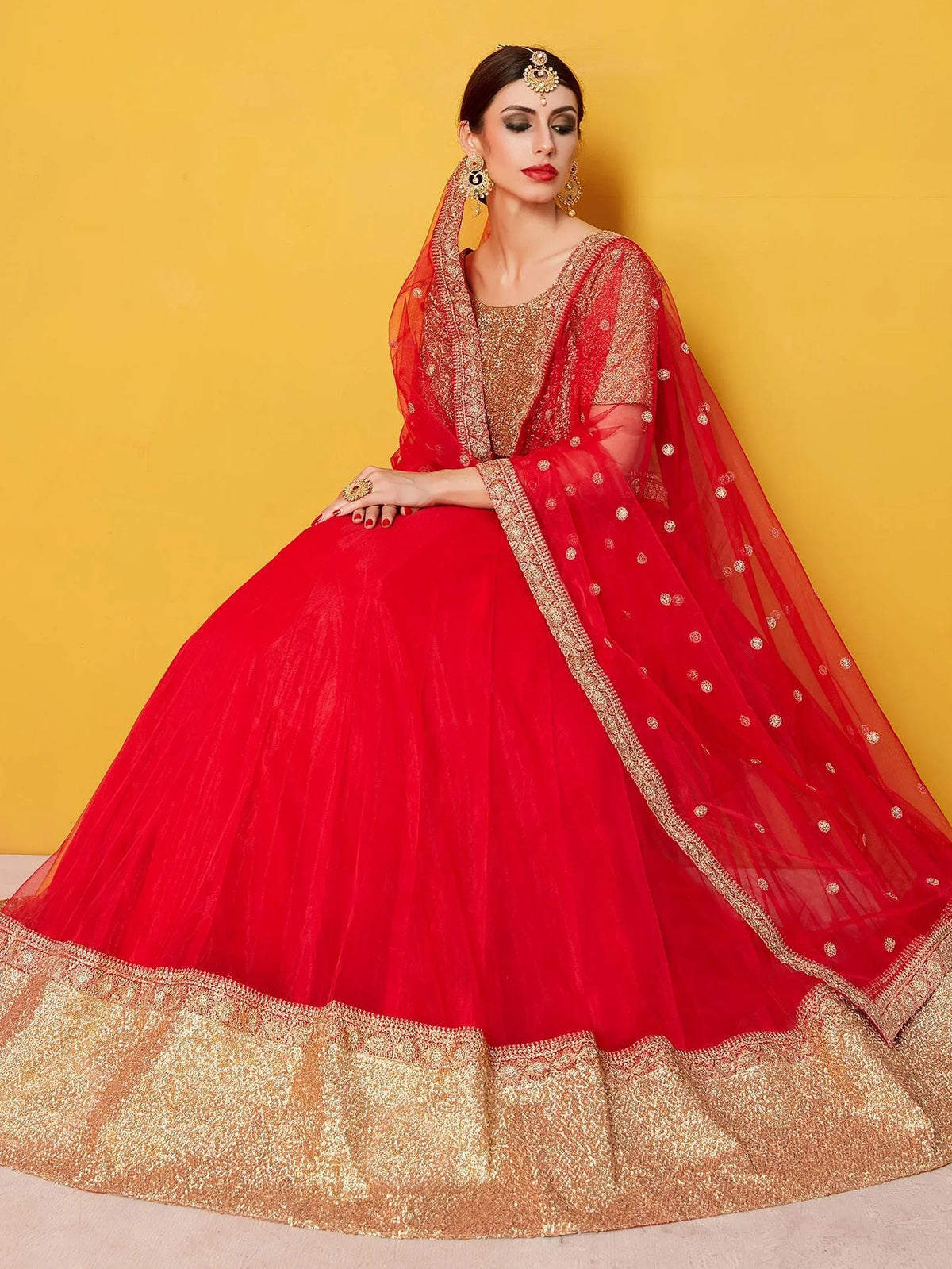 Red and gold designer lehenga choli with embroidered dupatta, Indian ethnic wear for weddings