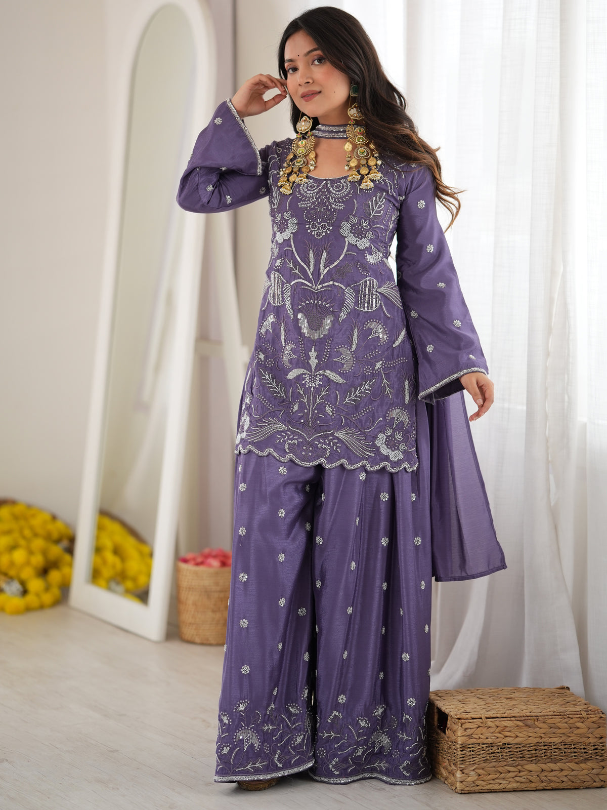 Stylish Lavender Bead Work Chinon Festive Wear Sharara Suit