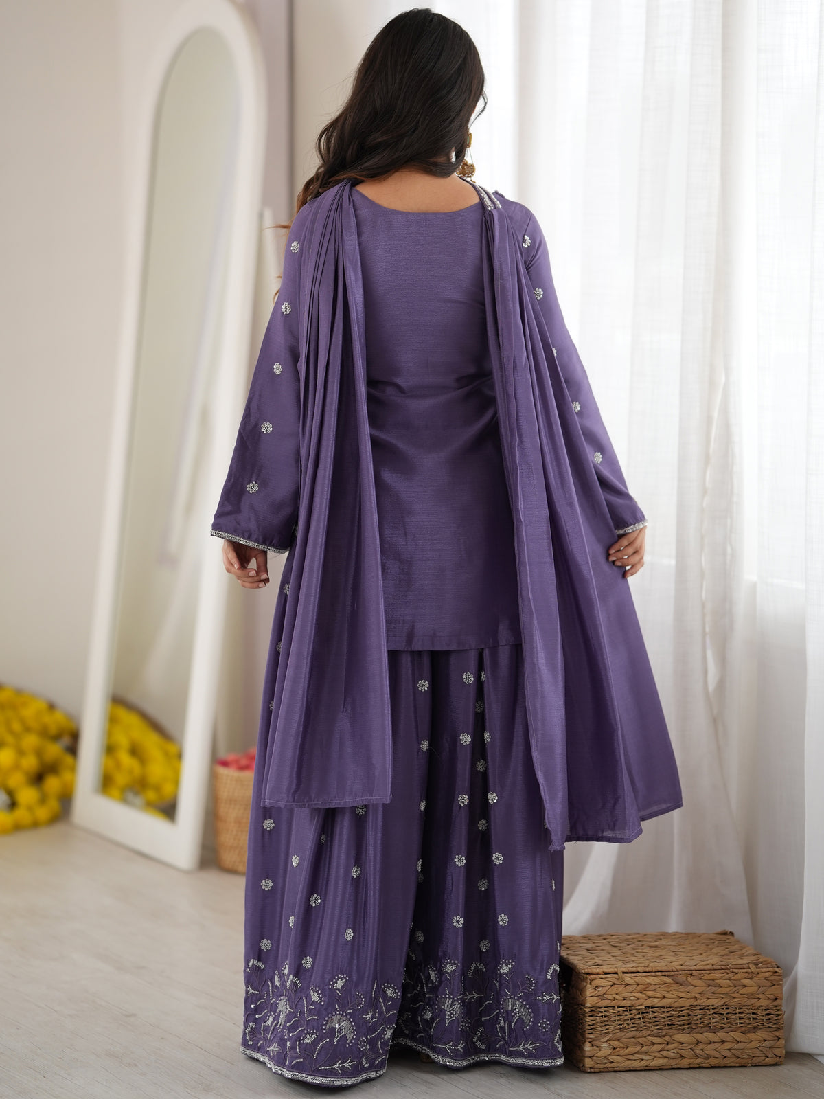 Stylish Lavender Bead Work Chinon Festive Wear Sharara Suit