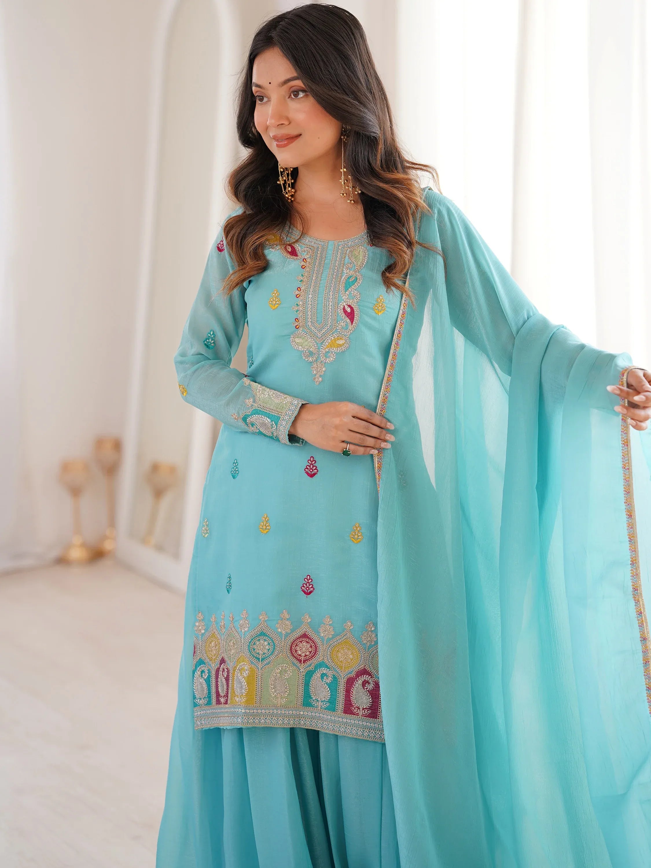 Gorgeous Sky Blue Zari Embroidered Silk Festival Wear Palazzo Suit