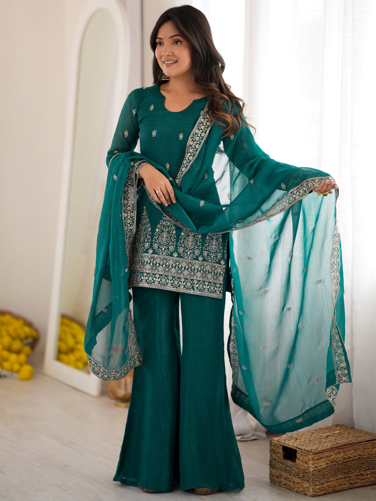 Beautiful Teal Blue Sequins Silk Reception Wear Salwar Suit