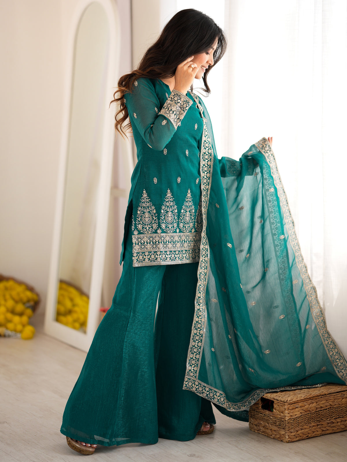 Beautiful Teal Blue Sequins Silk Reception Wear Salwar Suit