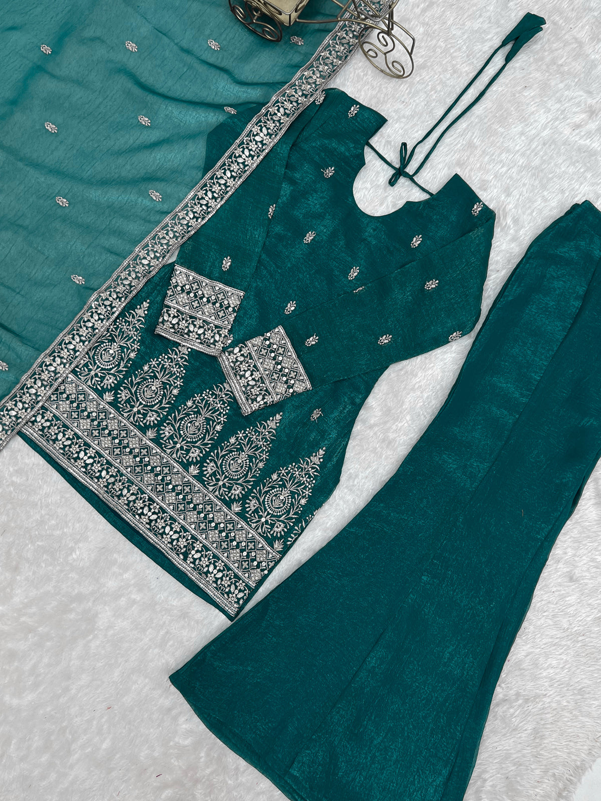 Beautiful Teal Blue Sequins Silk Reception Wear Salwar Suit