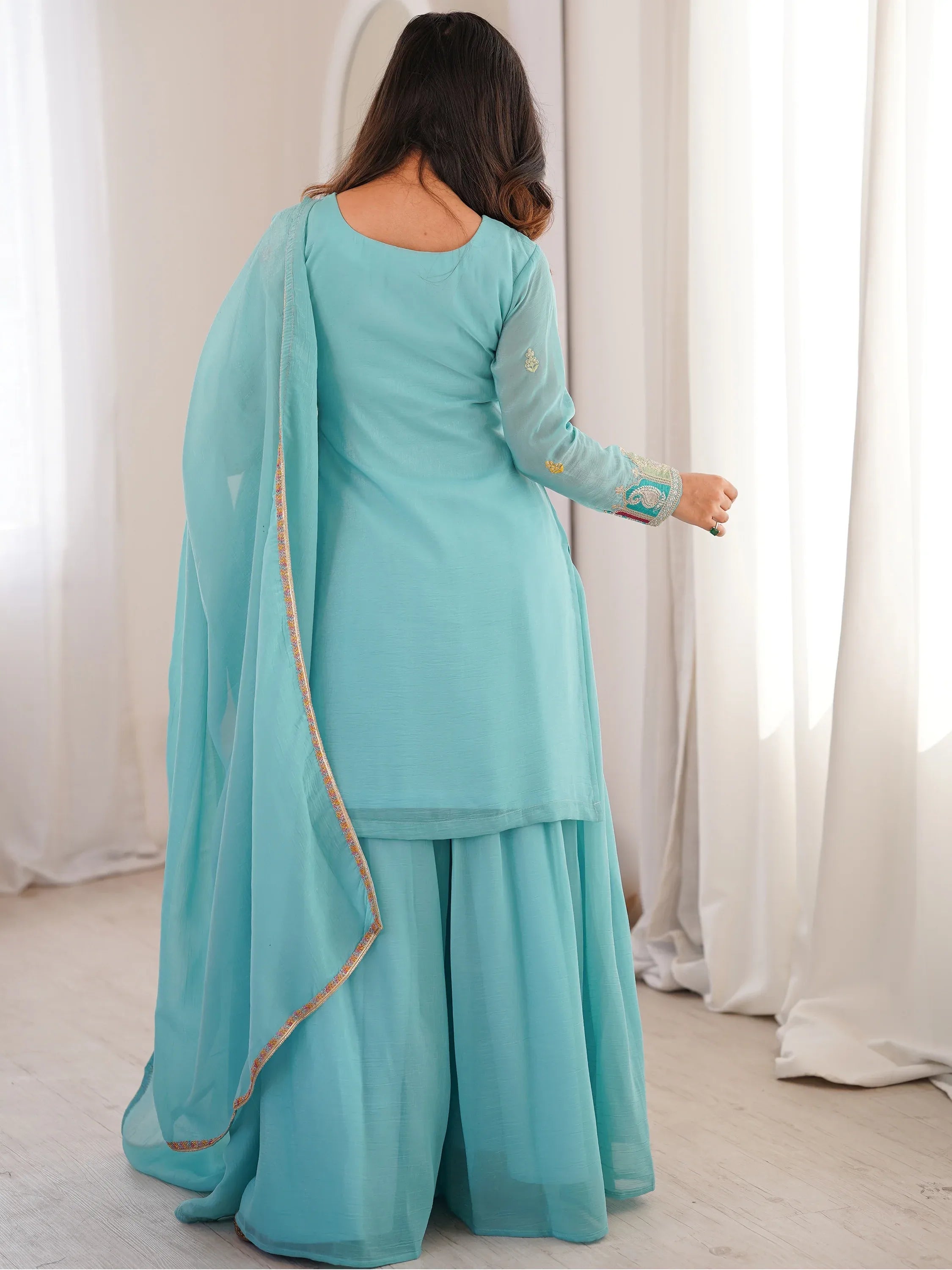 Gorgeous Sky Blue Zari Embroidered Silk Festival Wear Palazzo Suit