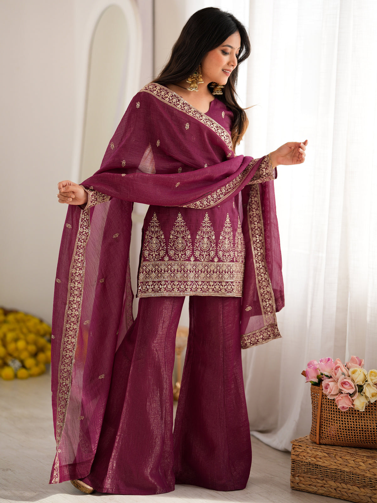 Captivating Wine Zari Embroidery Silk Engagement Wear Salwar Suit